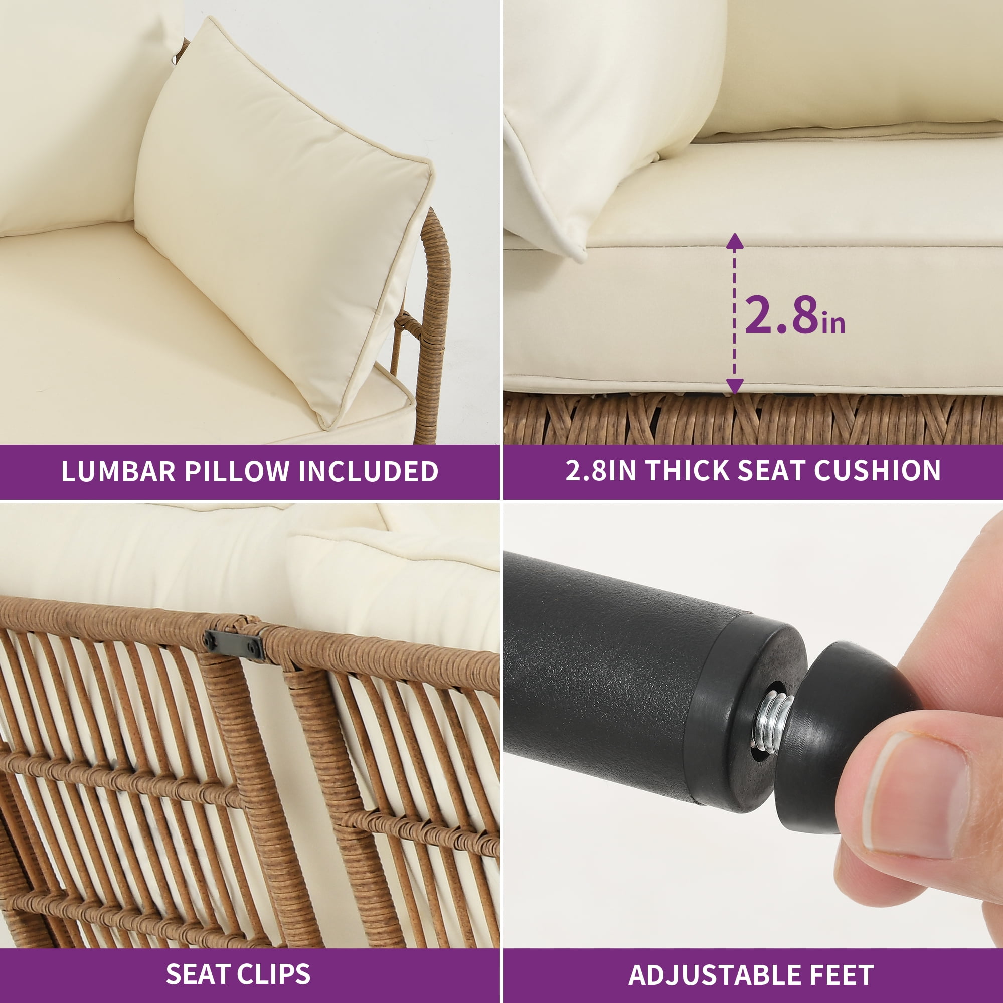 Dextrus 4 Pcs Patio Sofa set, Outdoor Boho Sectional Furniture L-Shaped Conversation Sofa set 5 Seats with Cushions and PE Rattan Side Coffee Table - Beige - Image 5