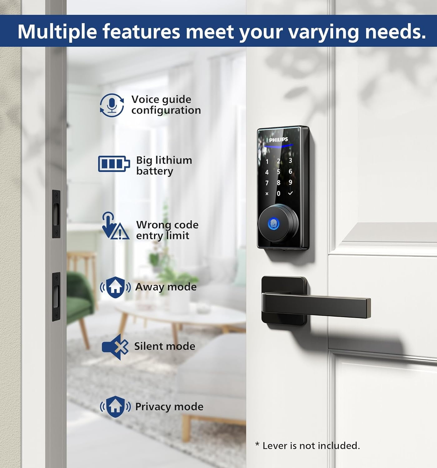 Philips Fingerprint Smart Keyless Entry Electronic Touchscreen Deadbolt Door Lock for Front Door - Matte Black - Image 5