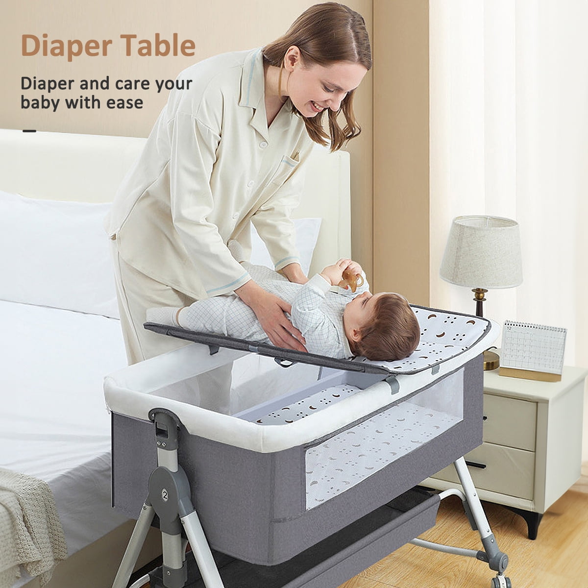 BEJOLO 5-in-1 Baby Bassinet, Adjustable Height Infant Bedside Crib with Diaper Table, 0-24 Months, Gray - Image 10