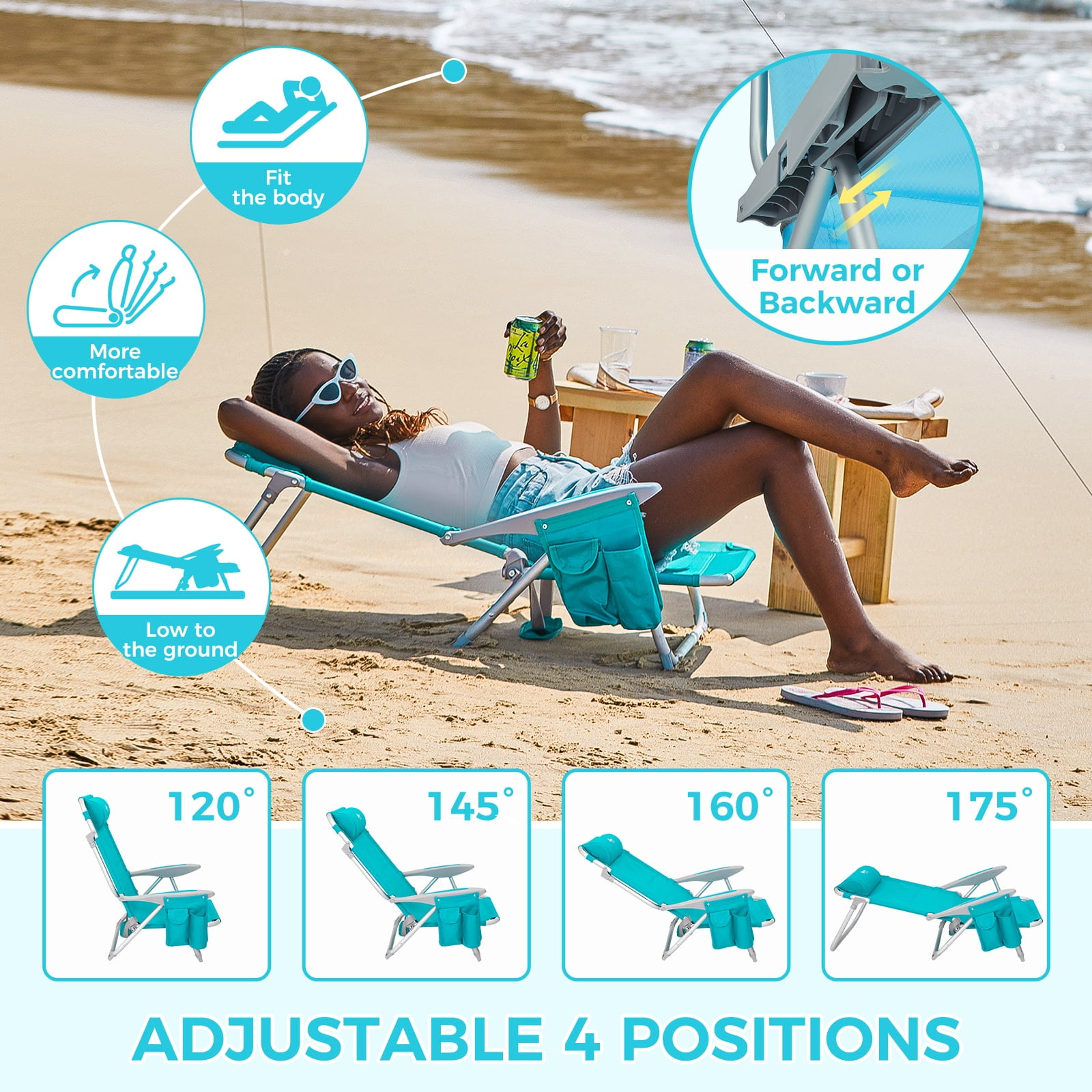 #WEJOY 2PCS Backpack Beach Chair, 4-Position Adjustable Folding Chair, Aluminum Folding Beach Chair, Low Camping Chair for Adults with Headrest, Cup Holder, Towel Rack, Max Load 265 lbs - Image 9