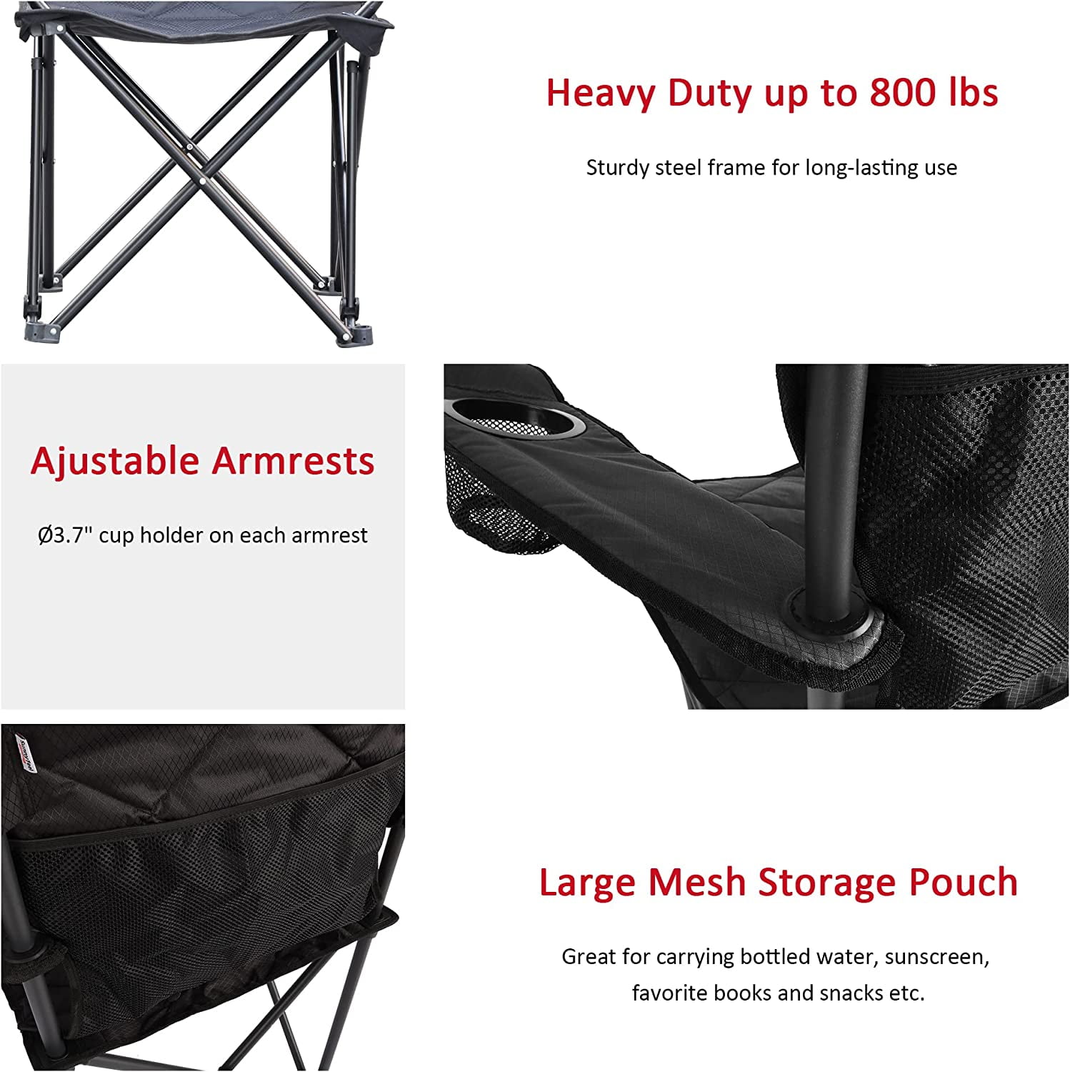 XXL Oversized Camping Chair Heavy Duty 800 LBS for Big Tall People Padded Portable Folding Quad Lawn Chairs with Armrest Cup Holder & Pocket for Outdoor/Travel/Picnic/Camp/Sports - Image 7