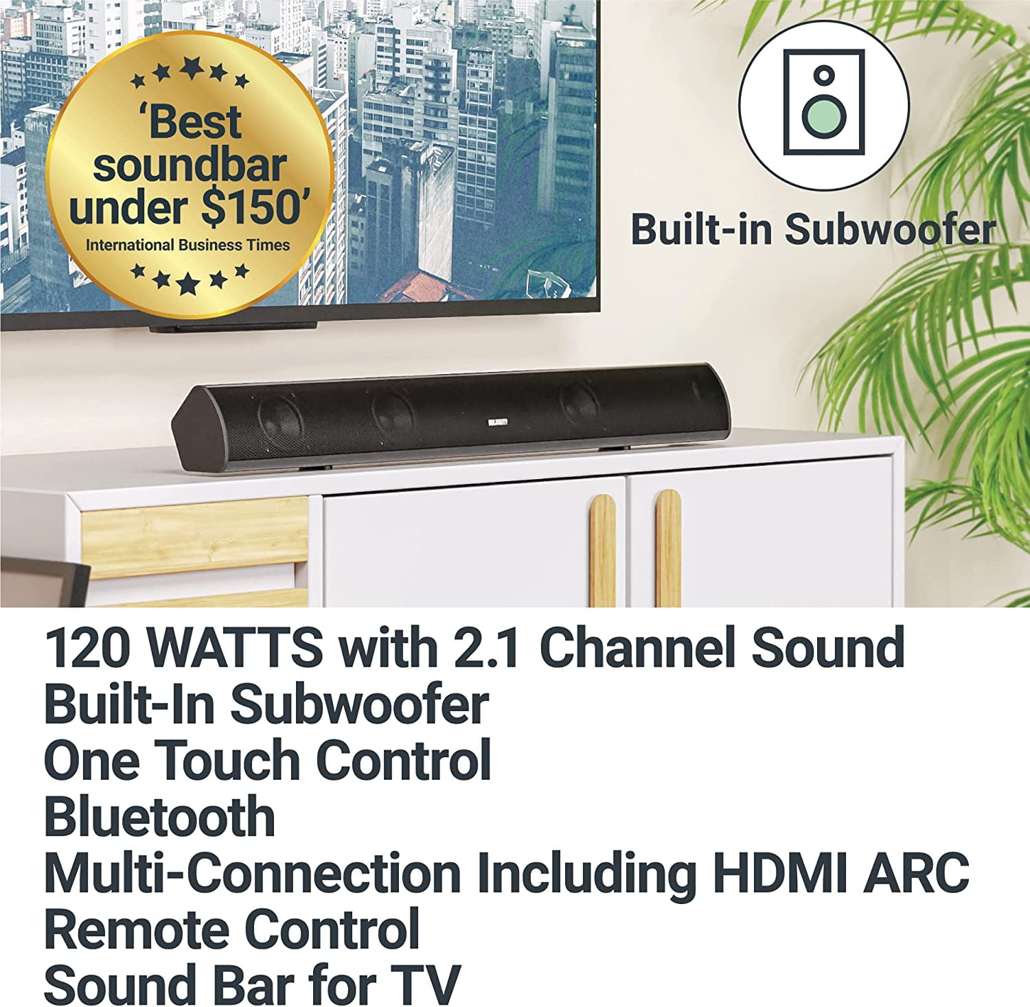 Majority Teton 120W 2.1 Channel Sound Bar with Built-in Subwoofer Powerful Home Theatre Sound | HDMI ARC, Bluetooth, Optical, RCA, USB & AUX Connectivity | Remote Control Included - Image 3