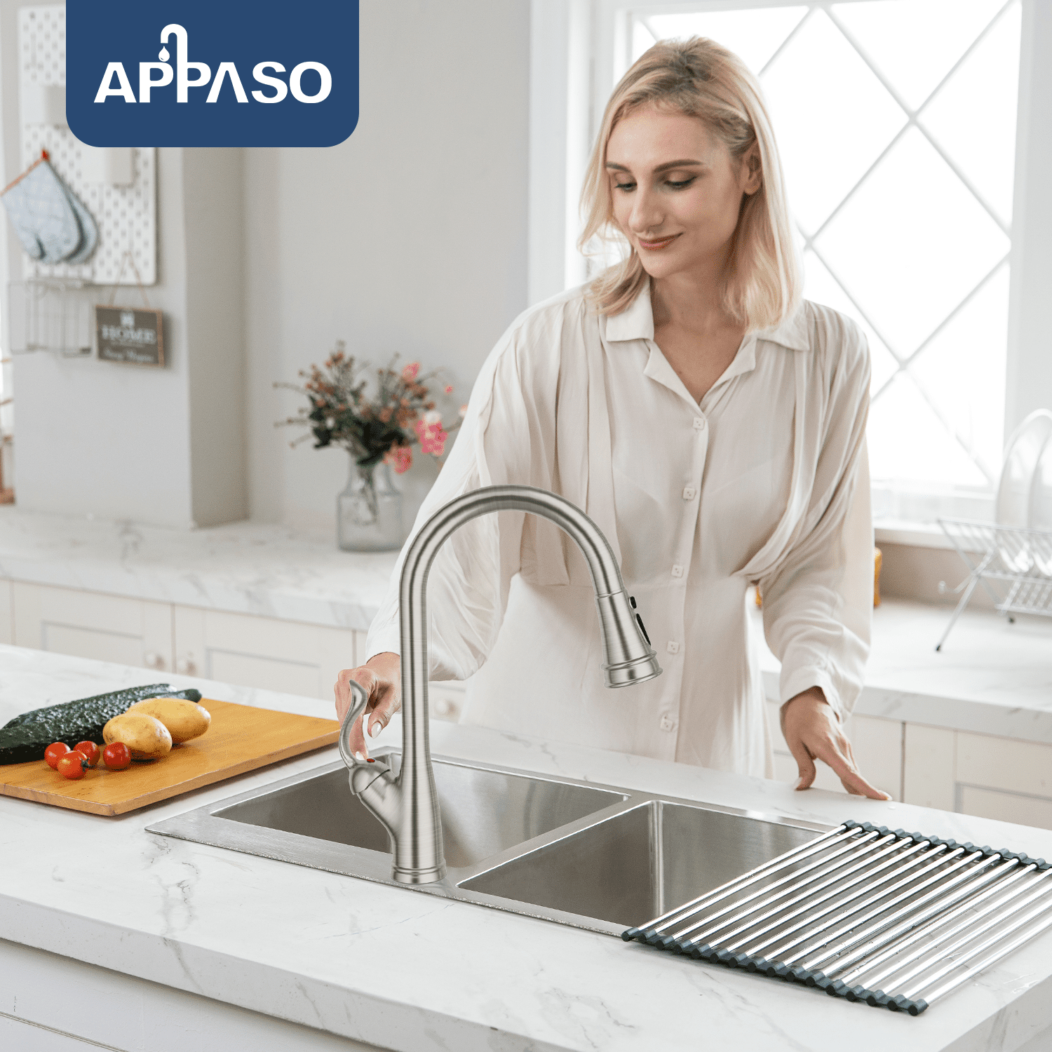 Appaso Stainless Steel Pull Down Kitchen Faucet Single Handle Brushed Nickel with Deck Plate 148BN - Image 5