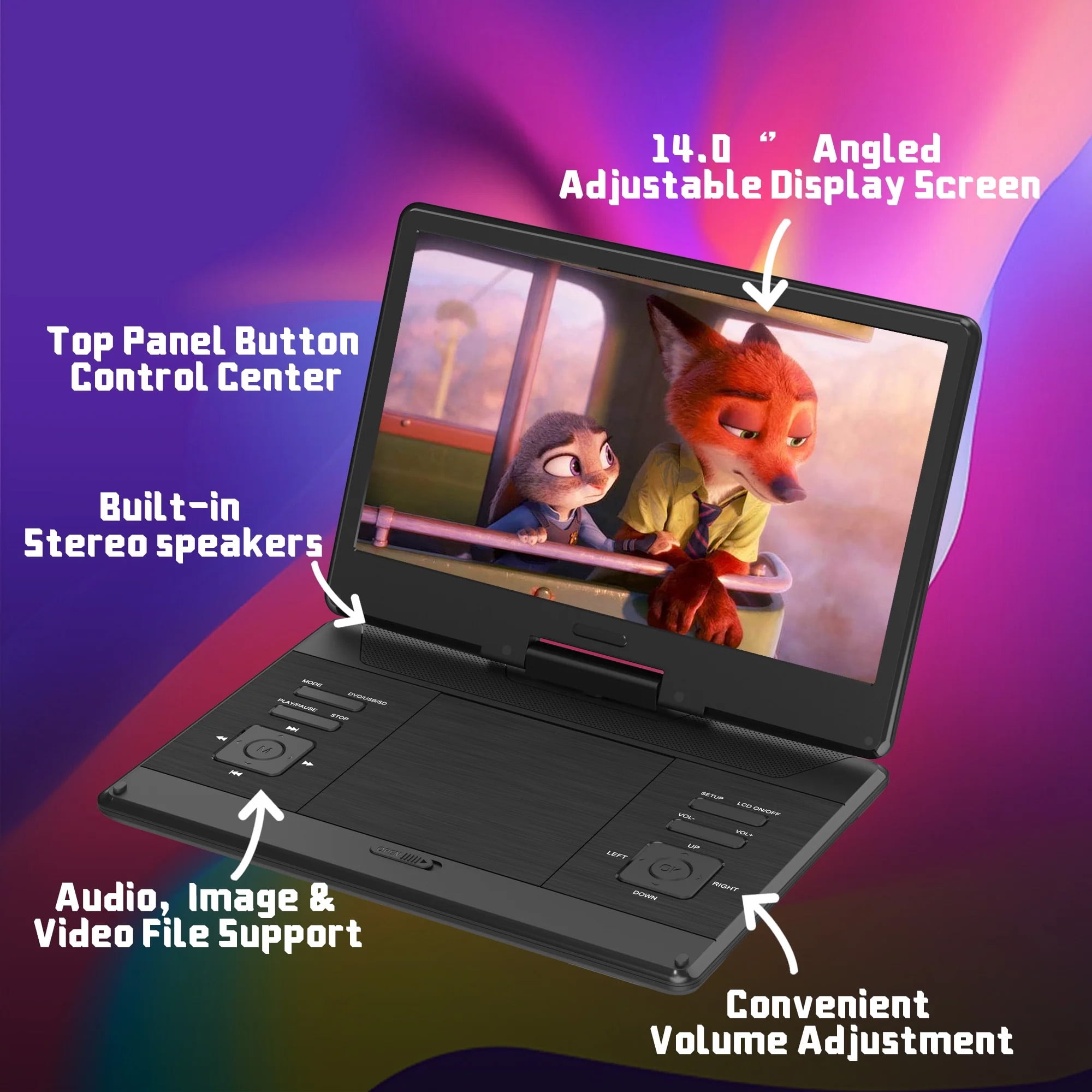 16.9'' Rechargeable Portable DVD Player for Car with 14“ Swivel Screen and Remote Control, Support USB TF Card 1080P-Black - Image 5