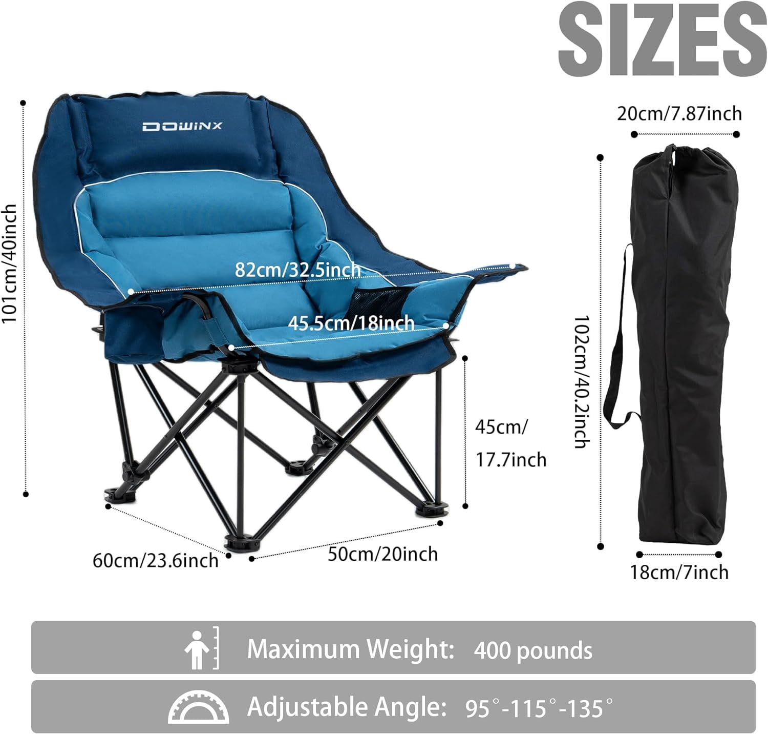 Dowinx Oversized Extra Large Camping Chair, Lawn Chairs, Folding, 3 Levels Adjustable Padded Camping Chair for Adults, Heavy-Duty 600D Oxford Cloth, with Cup Holder, 400 Pound Capacity, Green - Image 9