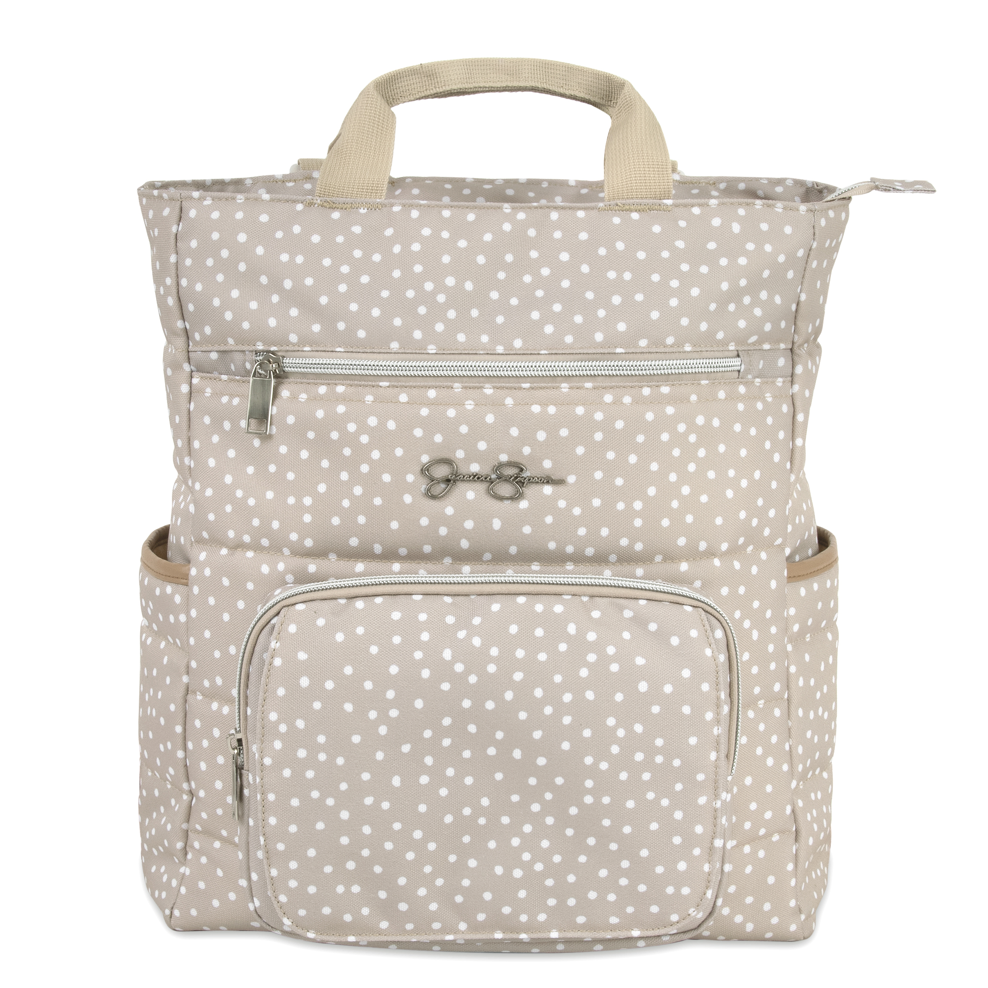 Jessica Simpson Taupe Line Quilted Multi-Pocket Fashion Diaper Bag Tote and Backpack in Dots with Magnetic Front Baby Wipe Pocket, Matching 3-Ply Folding Baby Changing Pad - Image 5