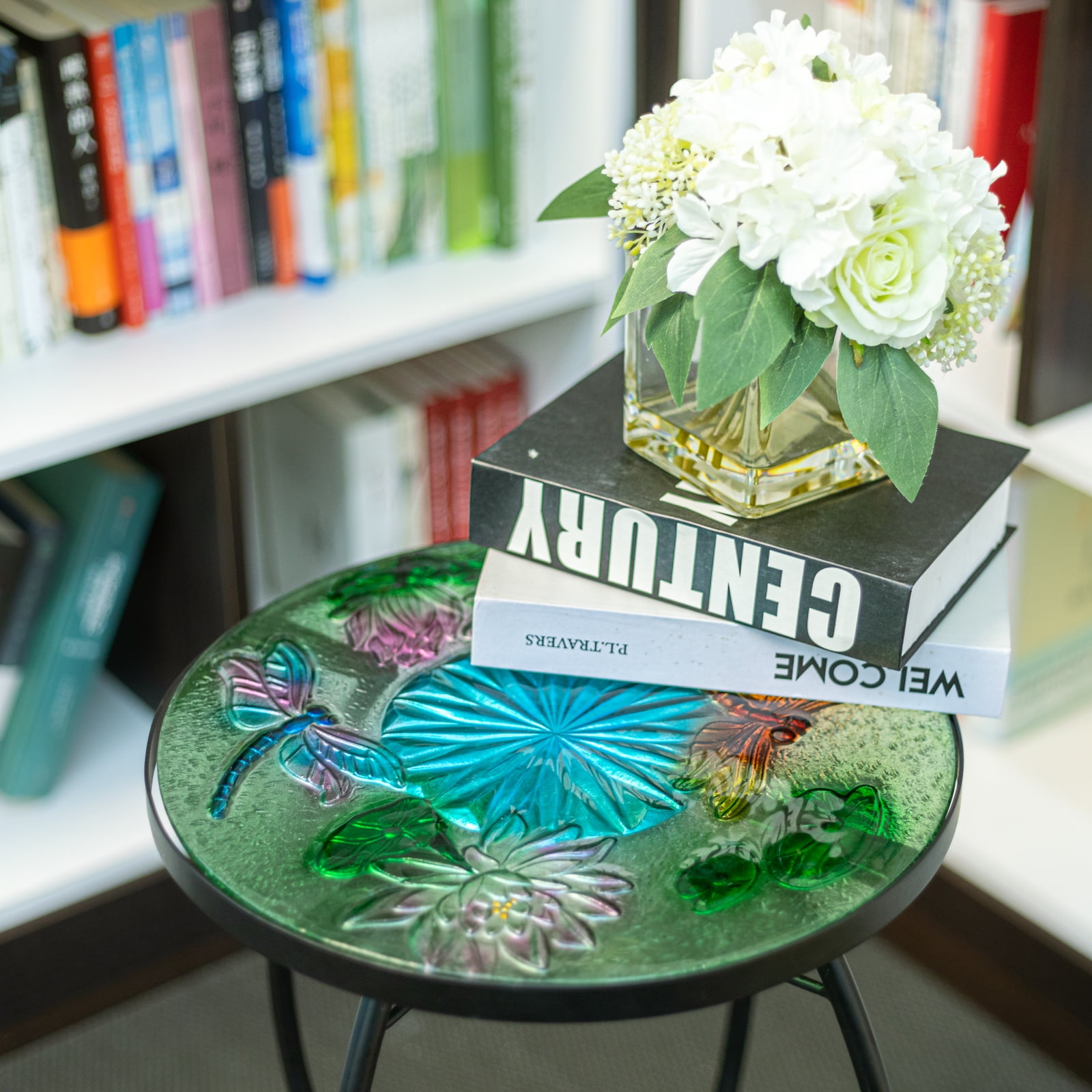 Wonder Garden Outdoor Side Table for Garden, Indoor Small Accent Coffee Table Plant Stand Round Glass Table for Balcony, Lawn, Patio, Dragonfly - Image 4