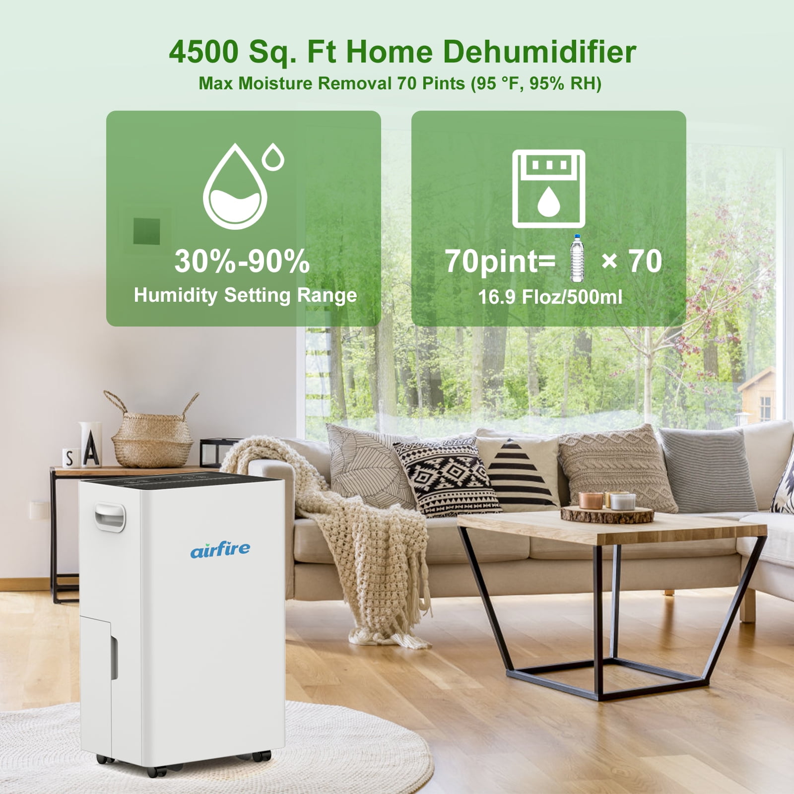 Airfire 3500 Sq. ft 15 Pint (DOE) Dehumidifier for Basement, Dehumidifiers with Drain Hose for Home Bedroom Bathroom Large Room, Auto Defrost& Drain, 24H Timer, 1.59 gal Water Tank, Dry Clothes - Image 7