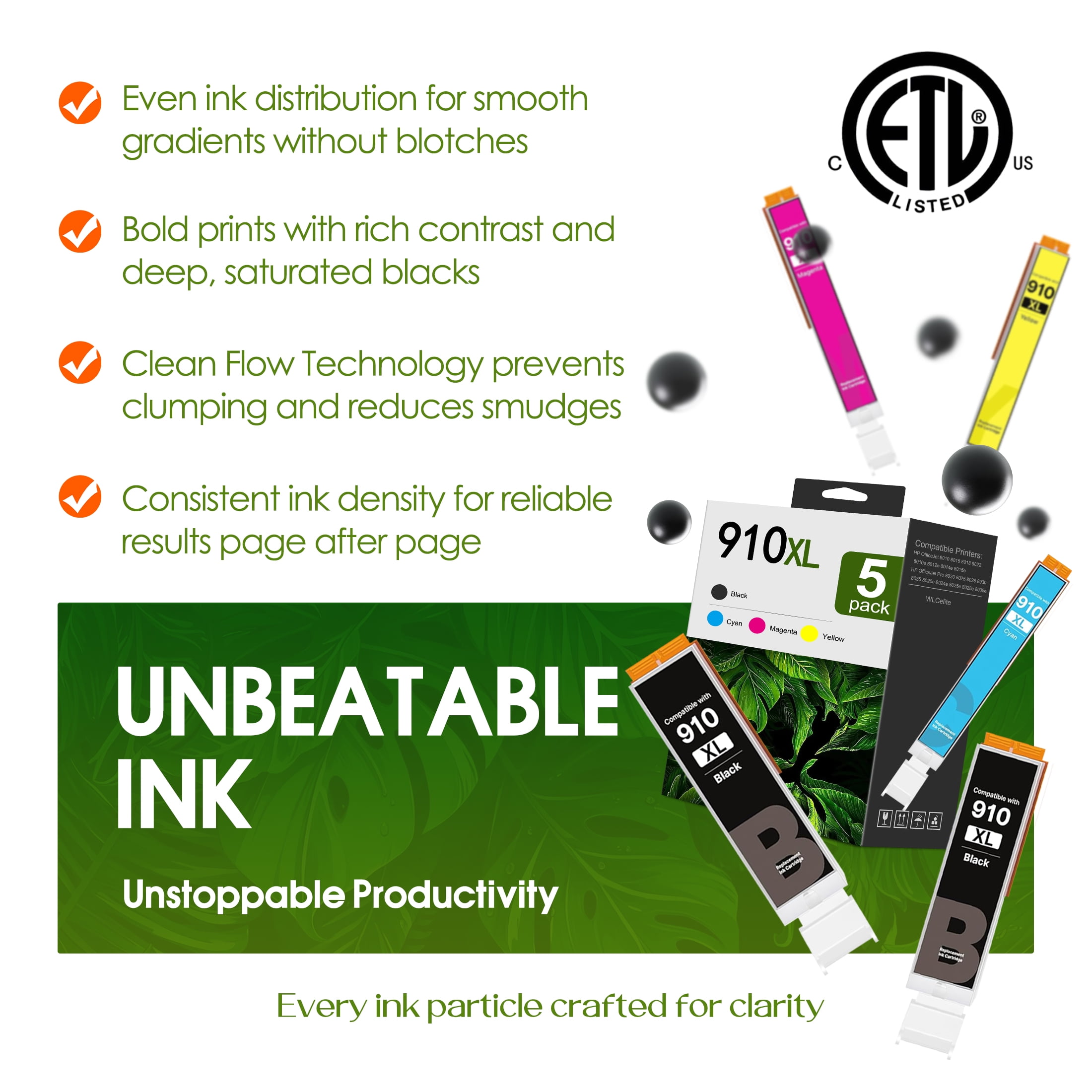 910 XL 910XL Combo Pack Ink Cartridges Compatible with HP 910 Ink Cartridges for 910 XL HP Printer for HP OfficeJet 8020 8015e Pro 8025e 8020e (5 Pack) - Image 5