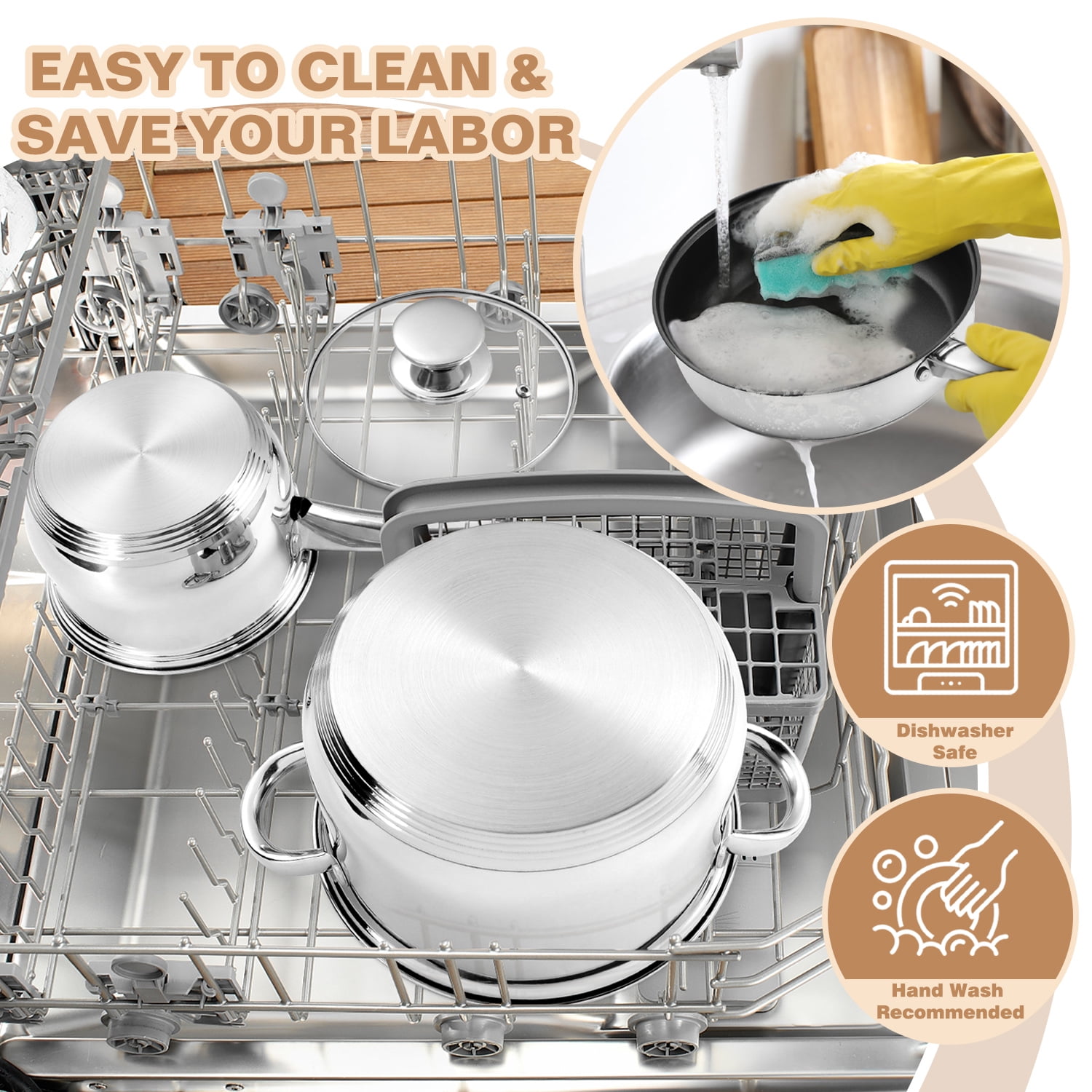 Walchoice 13-Piece Stainless Steel Cookware Set, Kitchen Pots and Pans Set with Glass Lid for Cooking, Induction & Dishwasher Safe, Silver - Image 3