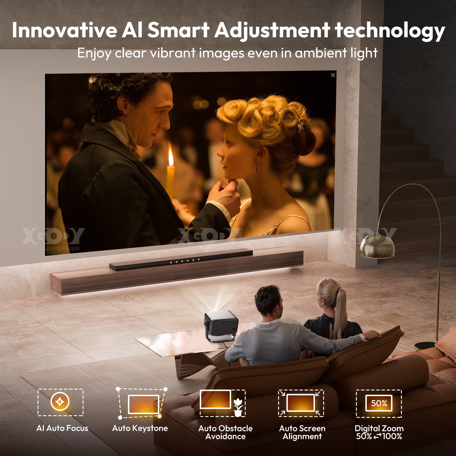 XGODY A6 Native 1080P Smart Projector with WiFi and Bluetooth, Auto-Focus & Rotatable Stand, Black, 1 Count - Image 7