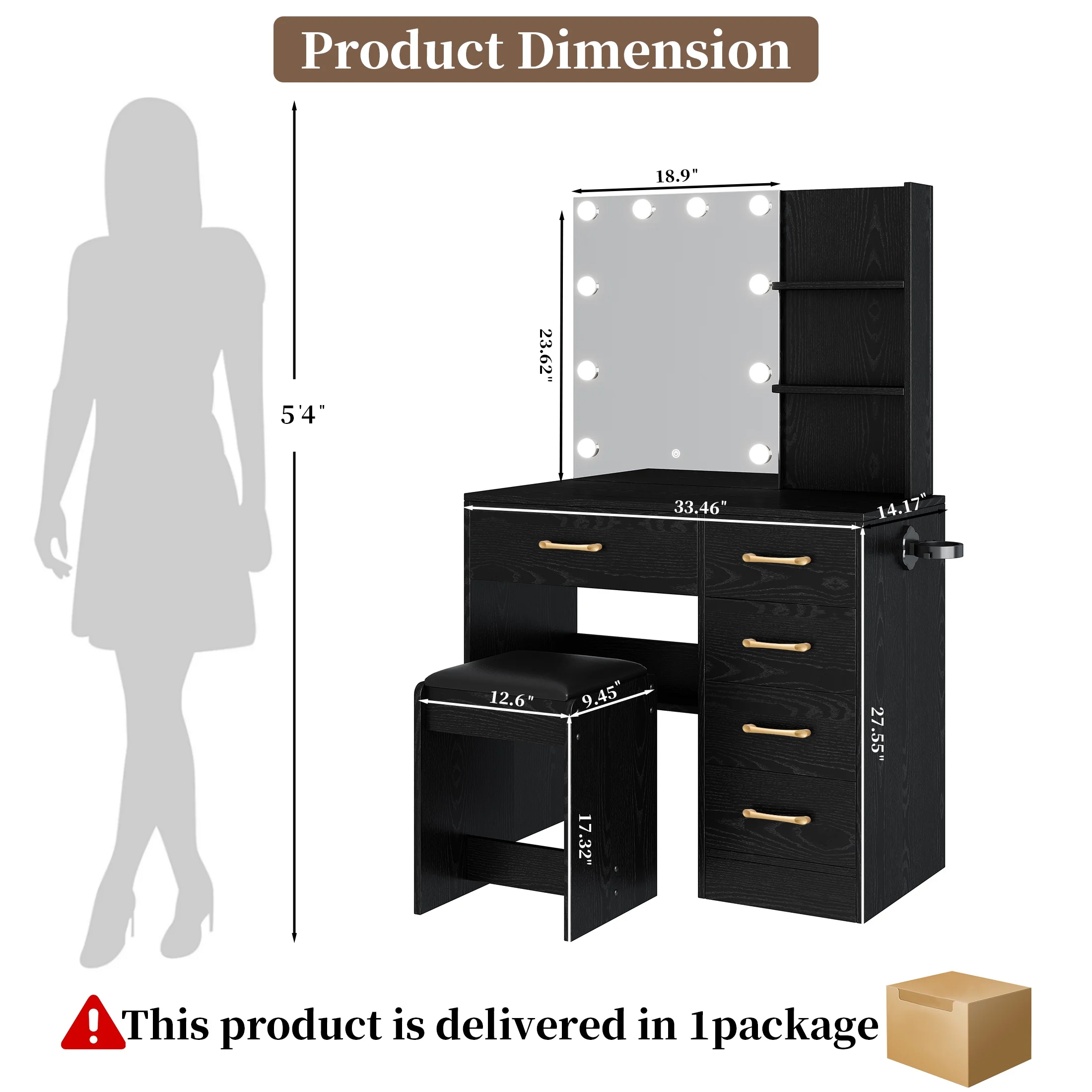Vanity Set with Mirror, UHOMEPRO Lighted Makeup Vanity Desk with 5 Drawers, 3 Storage Shelves, Hair Dryer Rack, and Cushioned Stool, Modern Makeup Desk Dressing Table for Girls Bedroom, Black - Image 2