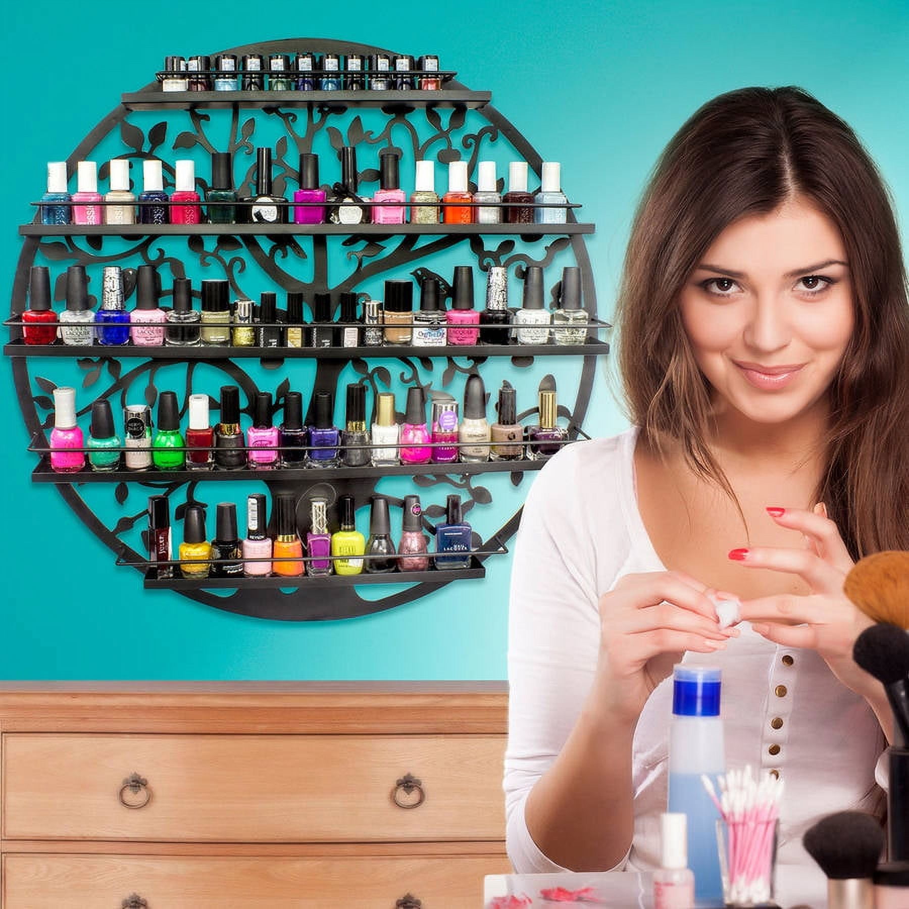 Sorbus Wall Mounted 5 Tier Nail Polish Rack Holder, Tree Silhouette Black Round Metal Salon Wall Art Display - Image 4