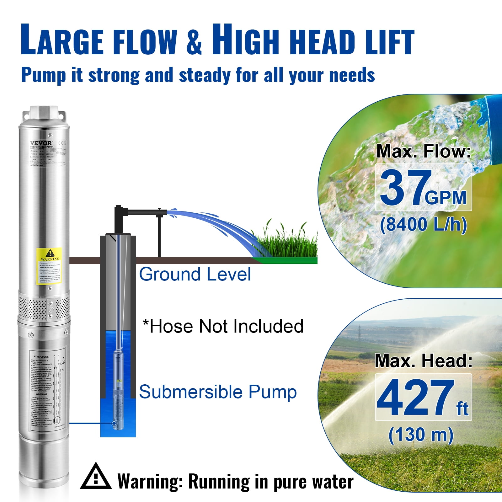 VEVORDeep Well Submersible Pump, 2HP/1500W 230V/60Hz, 37GPM Flow 427 ft Head, with 33 ft Electric Cord, 4 inch Stainless Steel Water Pumps for Industrial, Irrigation & Home Use, IP68 Waterproof Grade - Image 4