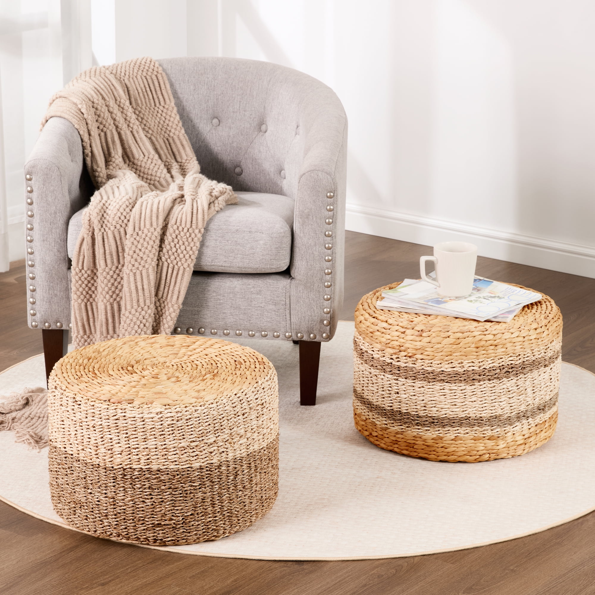 TrumanPick Pouf Ottoman Set of 2 Handwoven Rattan Footrest Boho Footstool 12"H x 18"W Load 350 lbs, Natural - Image 9