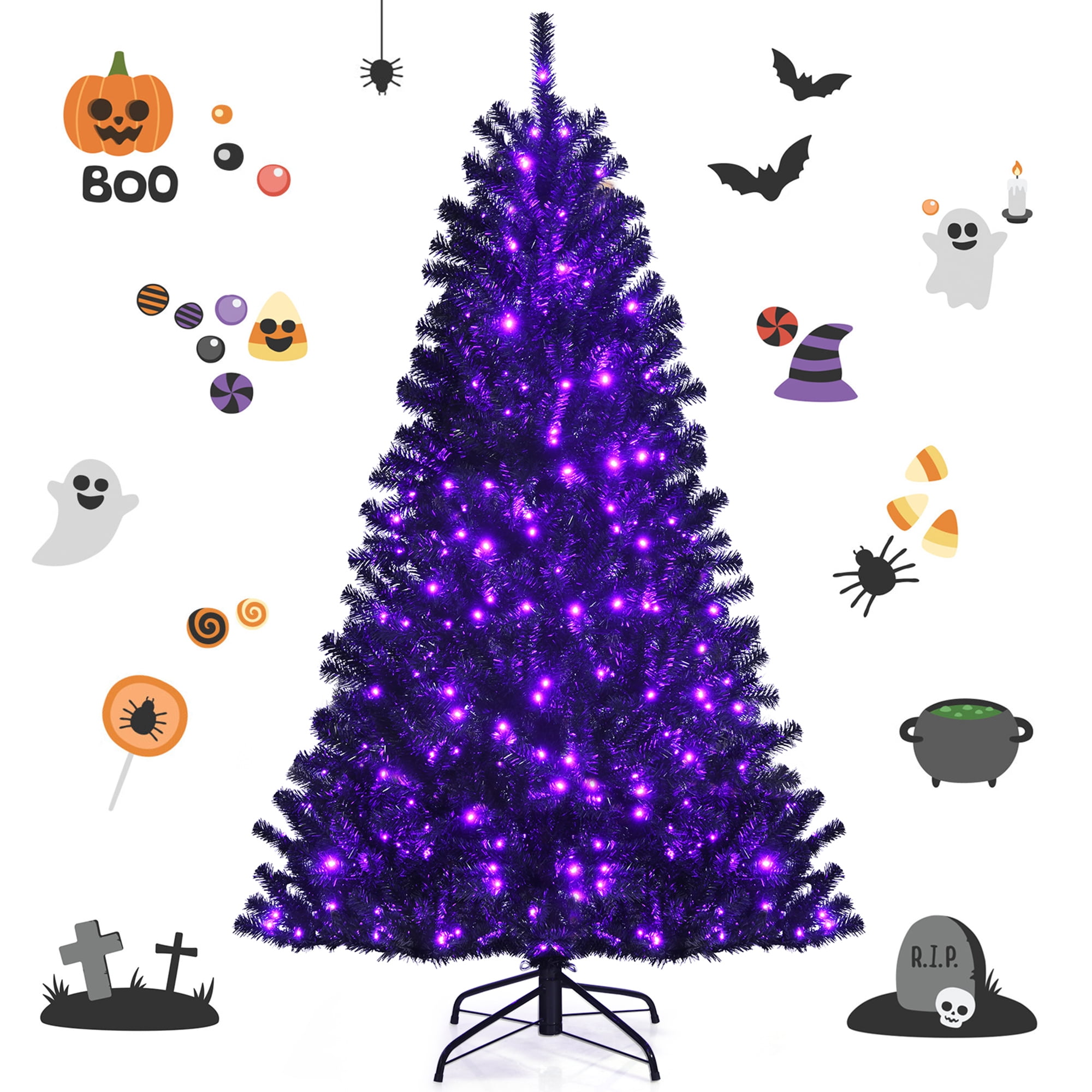 Gymax 6 FT Pre-lit Black Halloween Tree Artificial Hinged Christmas Tree - Image 9