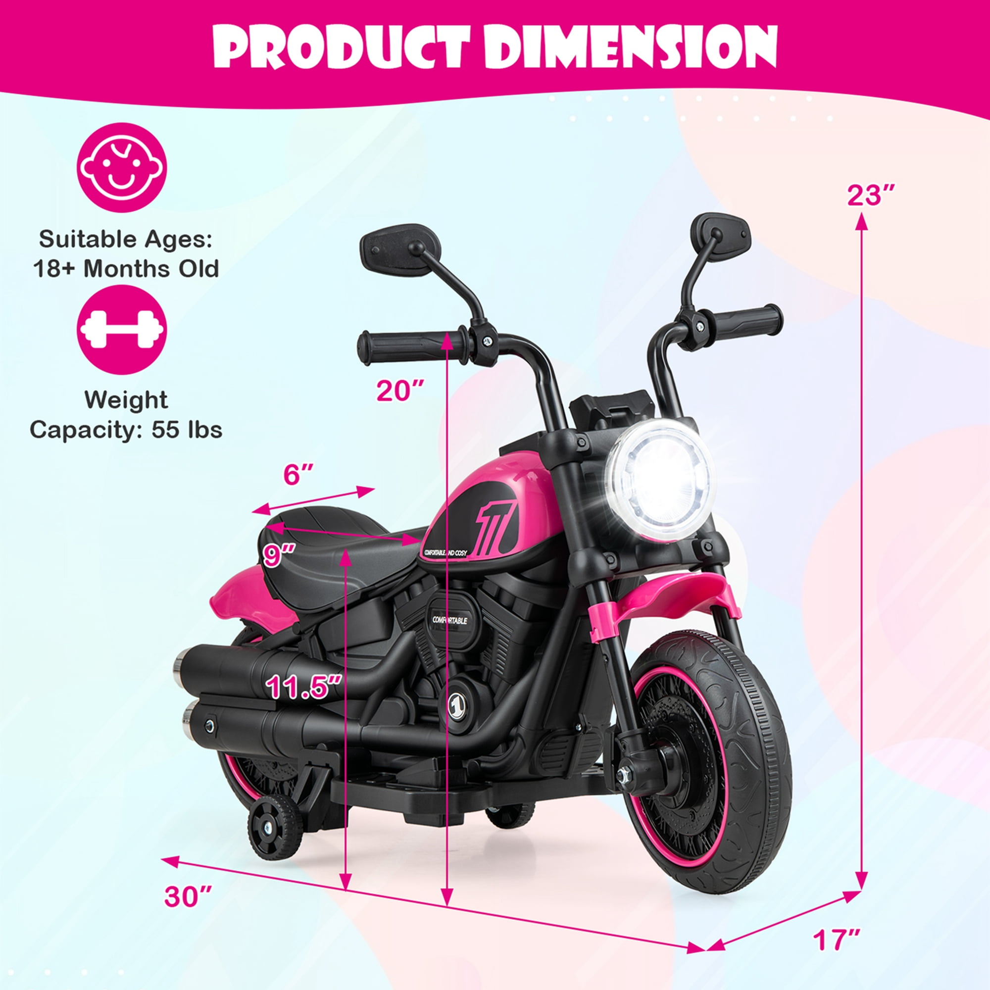 Costway 6V Kids Electric Motorcycle with Training Wheels LED Headlights Music Board Pink - Image 7