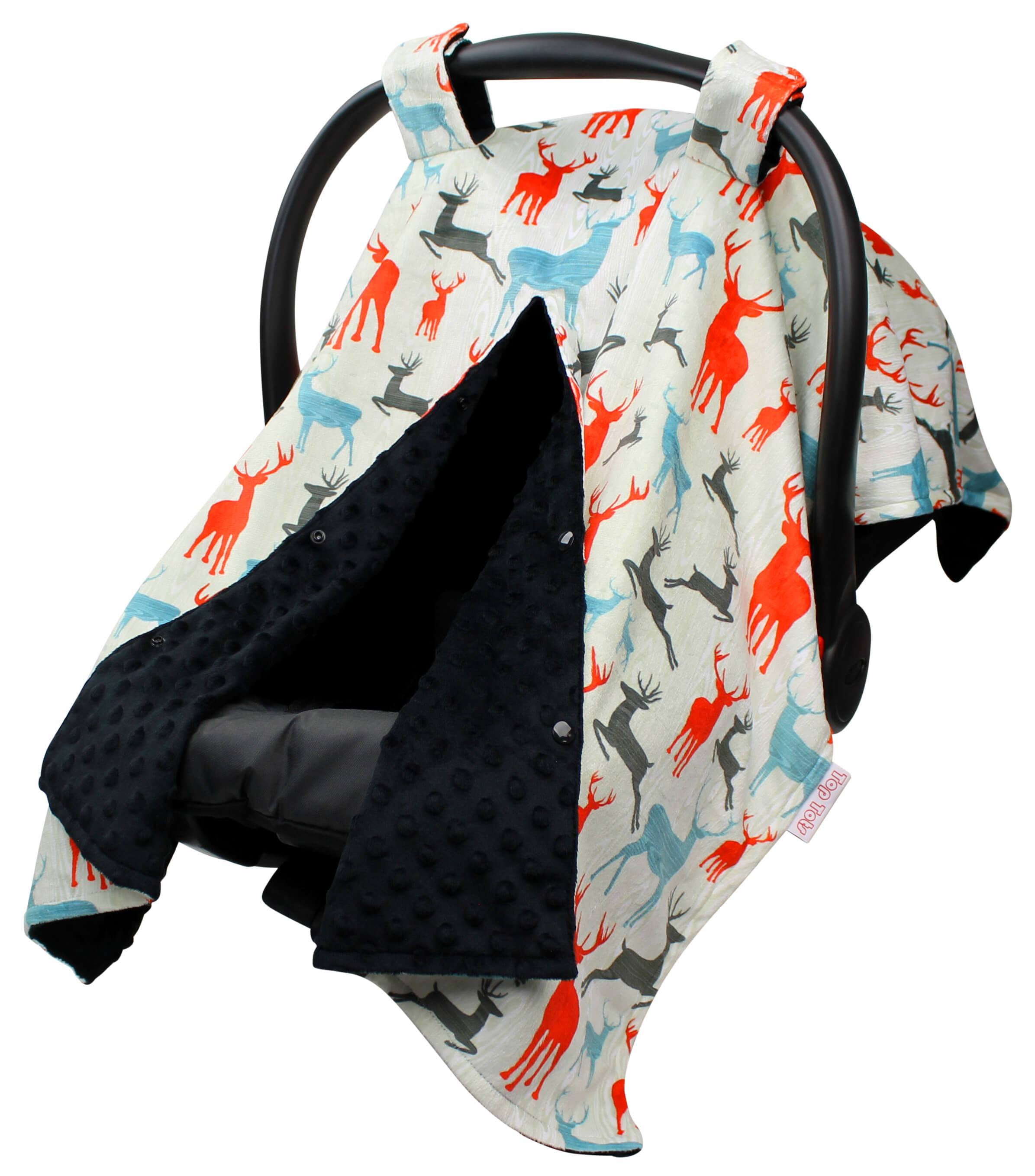 Top Tots Deluxe Minky Car Seat Canopy for Baby Boy or Girl, Red Blue Black Deer