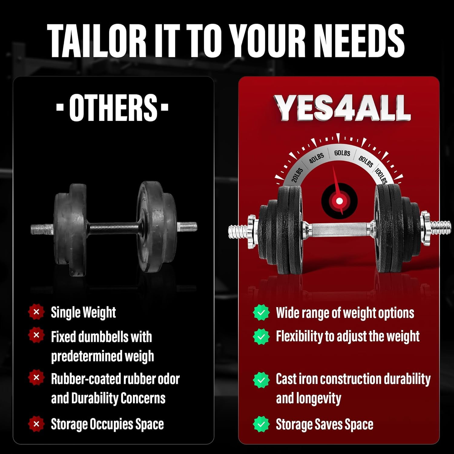 Yes4All 200lbs - Adjustable Dumbbell Set with Weight Plates, Star Lock Collars/Connector - Image 6