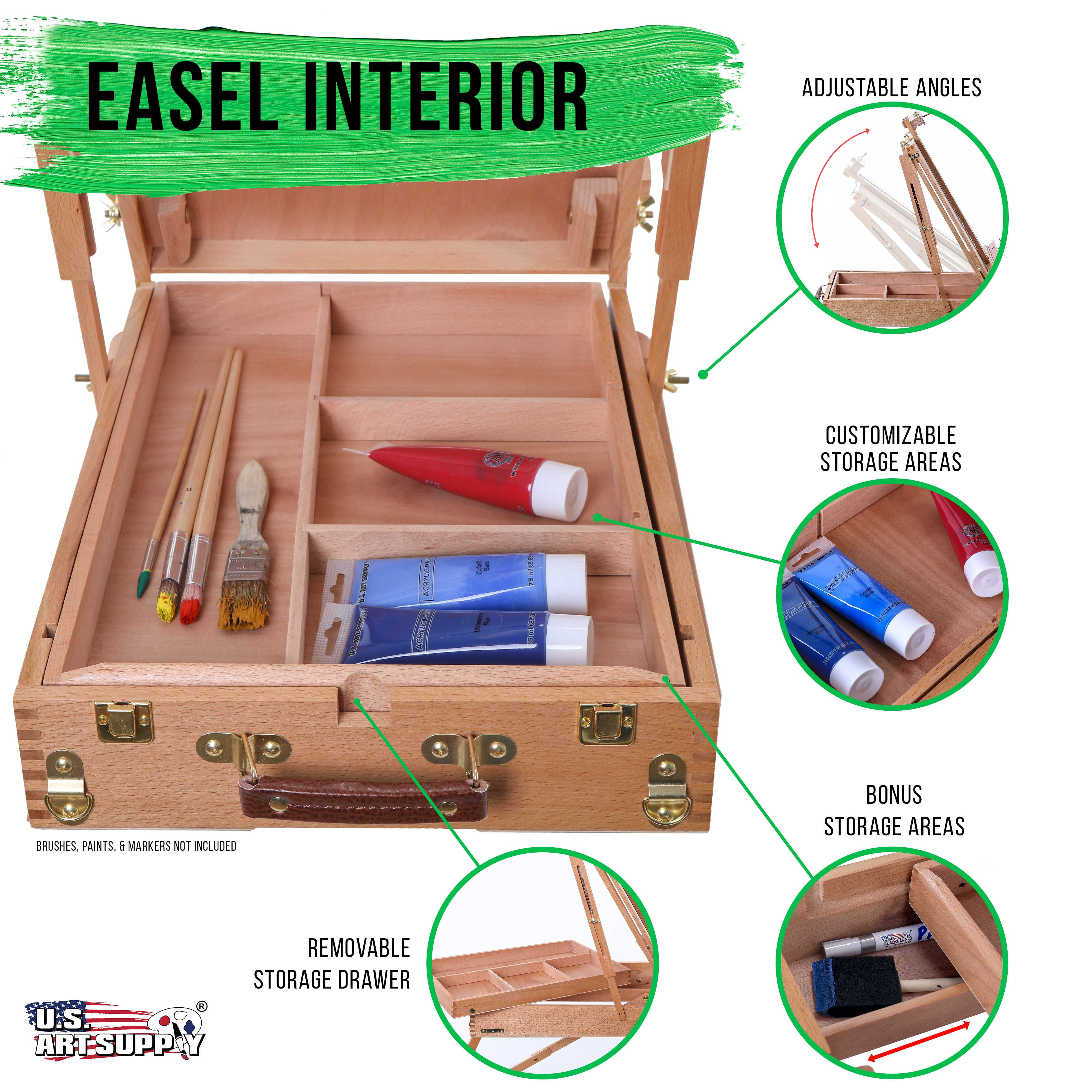 U.S. Art Supply Coronado Large Wooden French Style Field and Studio Sketchbox Easel with Artist Drawer, Palette, Premium Beechwood - Adjustable Wood Tripod Easel Stand for Painting, Sketching - Image 3