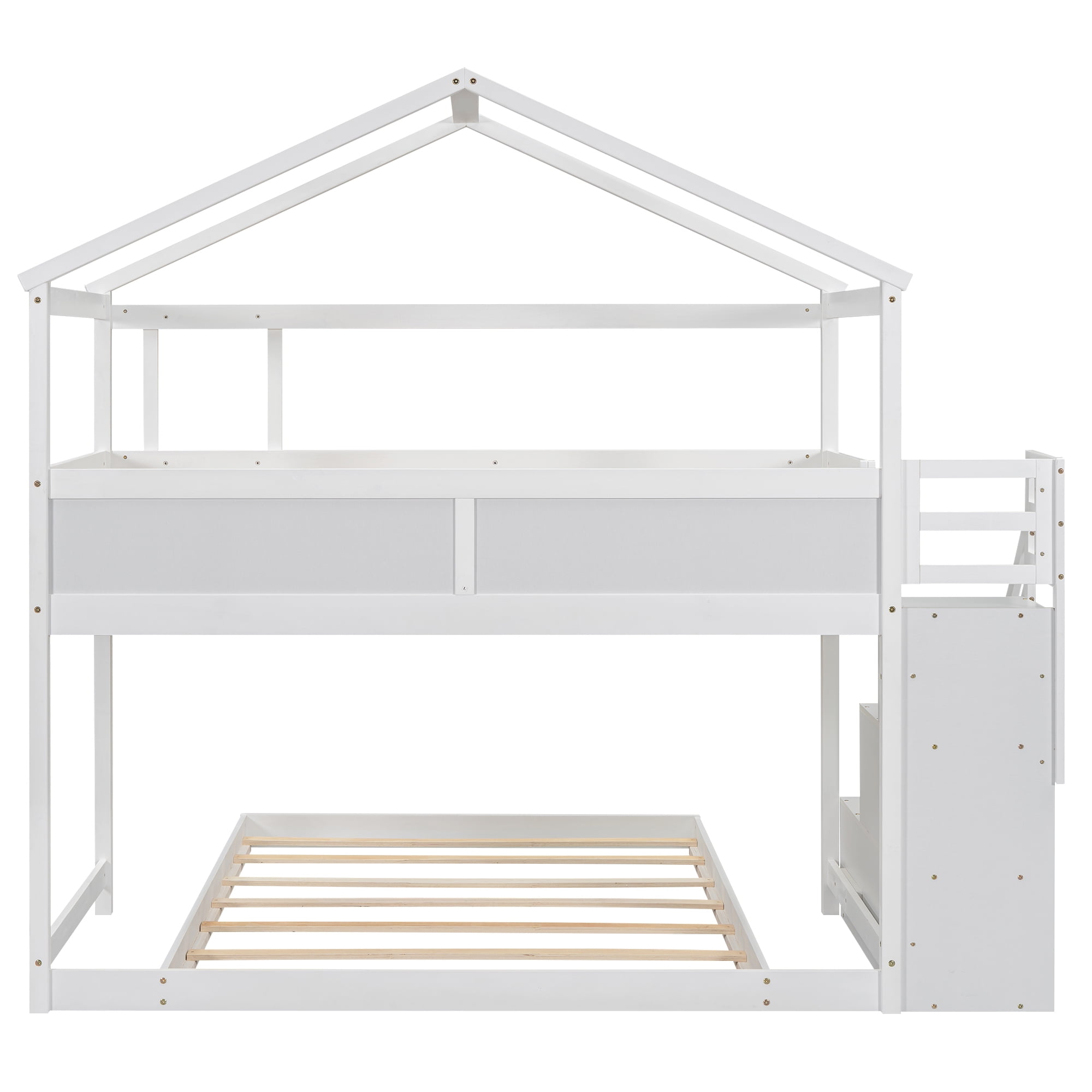 Euroco Twin over Full House Bunk Bed with Storage Staircase and Writting Blackboard for Kids Teens Bedroom, Moverable Lower Bed, White - Image 17