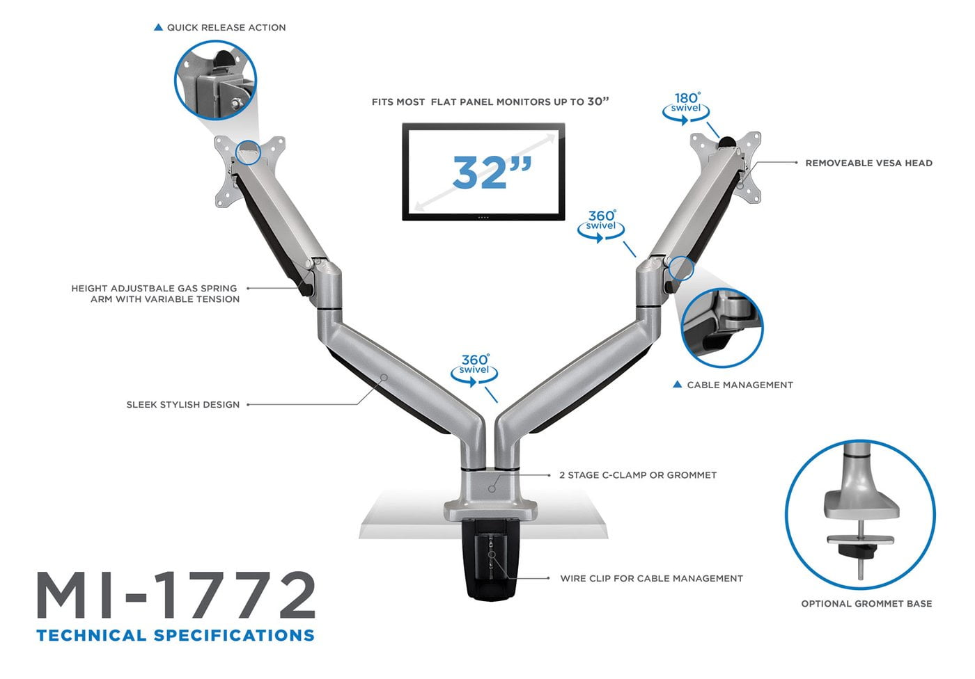 Mount-It! Dual Arm Monitor Stand | Fits 17"-27" Computer Screens | Adjustable Arms - Image 5