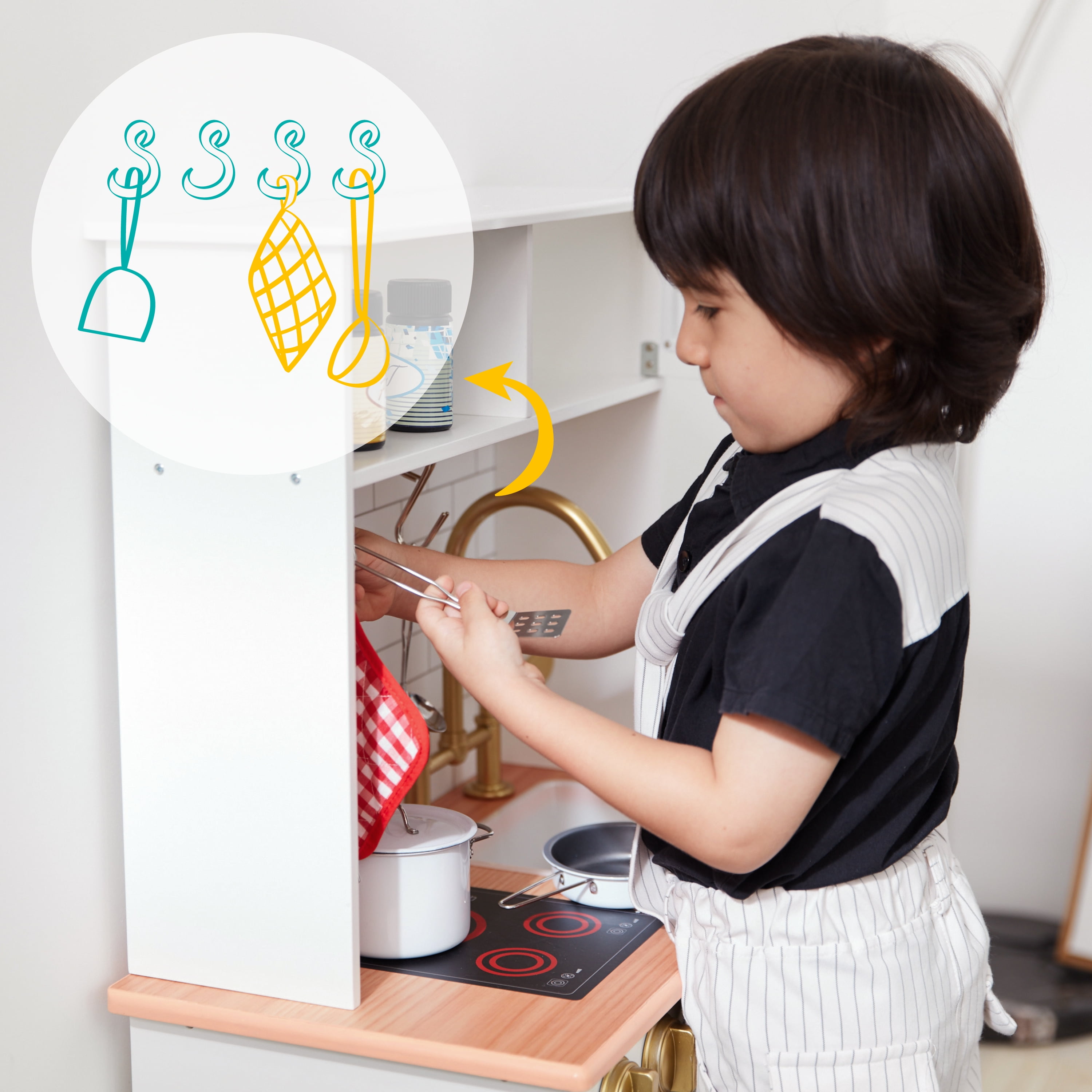 Teamson Kids Little Chef Boston Wooden Play Kitchen, 9 Pcs Acc Set, Oven, ,Sink, Interactive Features, White/Gold - Image 9