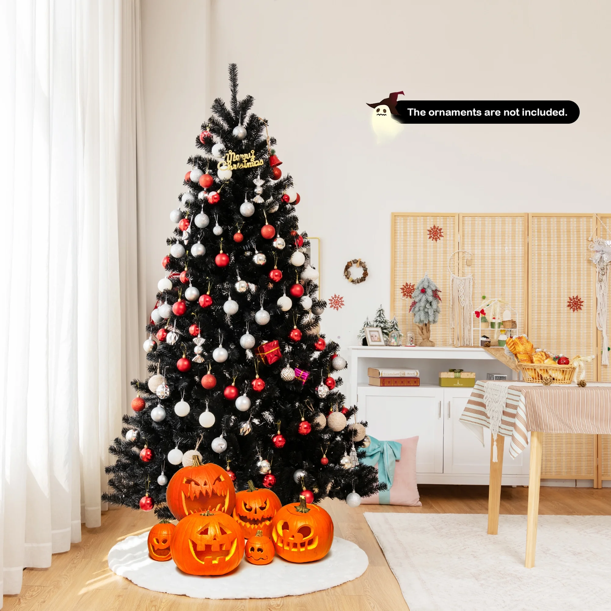 Gymax 6 FT Pre-lit Black Halloween Tree Artificial Hinged Christmas Tree - Image 8