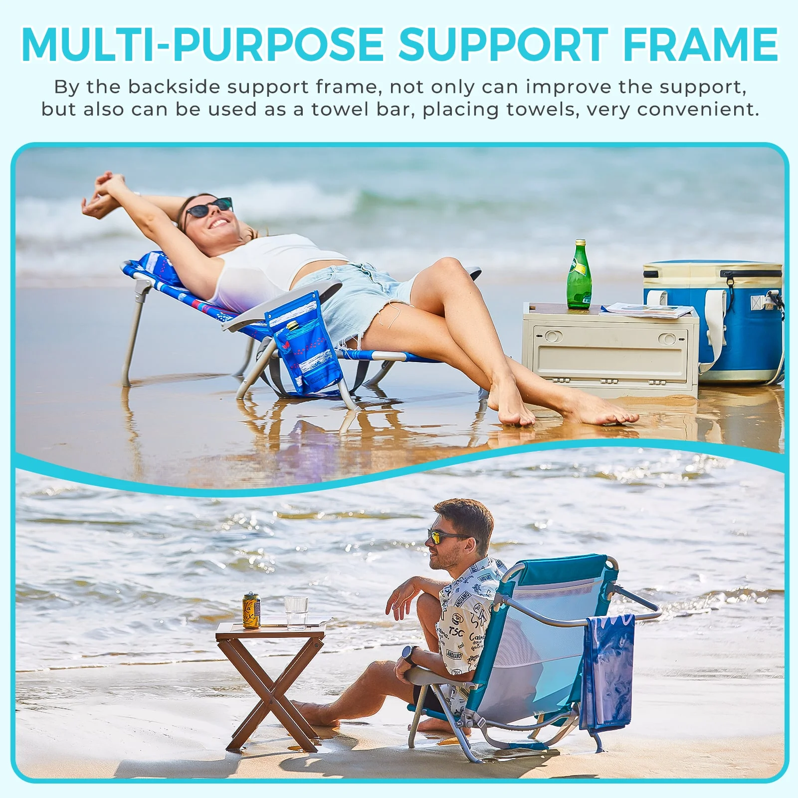 #WEJOY 2PCS Backpack Beach Chair, 4-Position Adjustable Folding Chair, Aluminum Folding Beach Chair, Low Camping Chair for Adults with Headrest, Cup Holder, Towel Rack, Max Load 265 lbs - Image 5