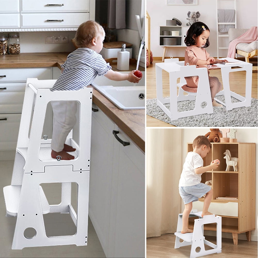 Zzbiqs Kids Kitchen Step Stool with Safety Rail, 2 in 1 Convertible Wooden Toddler Learning Stool Helper Standing Tower for Kitchen Counter, Bathroom, Toilet , White - Image 4