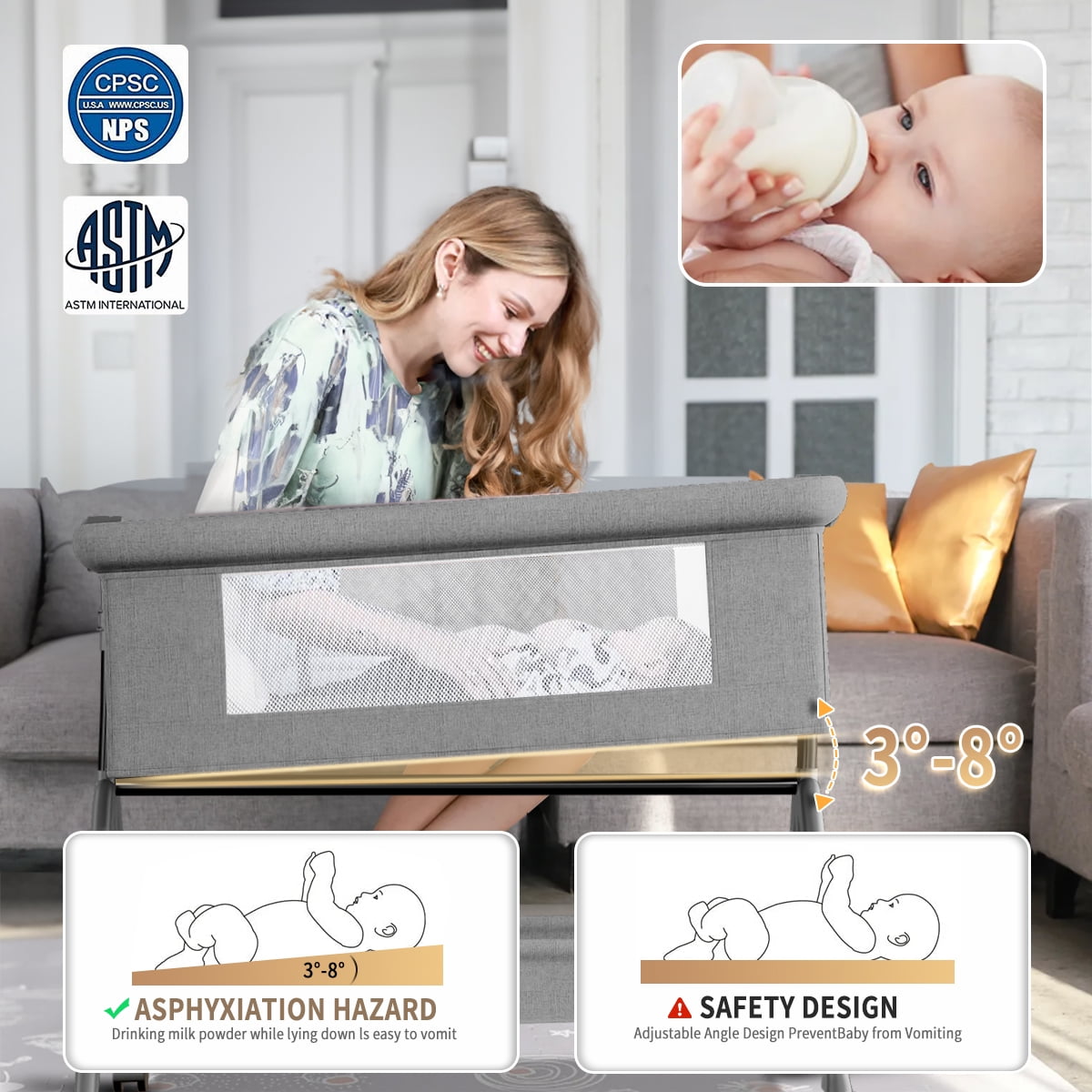 Baby Bassinet for Infant, Adjustable Bedside Sleeper Bassinet with Storage Basket, Bed Side Crib for 0-6 Months, Gray - Image 6