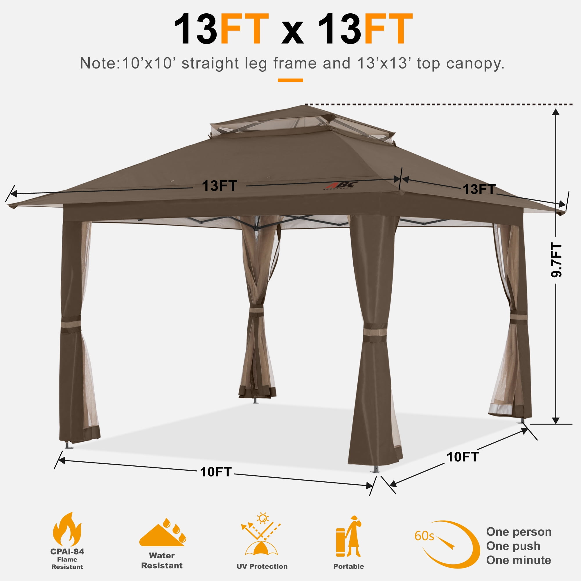 ABCCANOPY 13'x13' Gazebo Tent Outdoor Pop up Gazebo Canopy Shelter with Mosquito Netting, Brown - Image 5