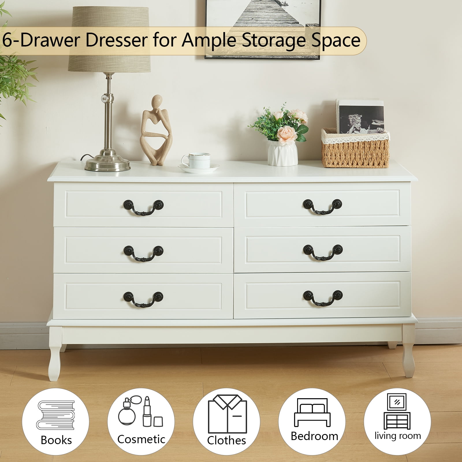 Yamissi 6-Drawer Double Dresser for Bedroom, Modern White Dresser w/ Metal Handles, Chest of Drawers Storage - Image 4