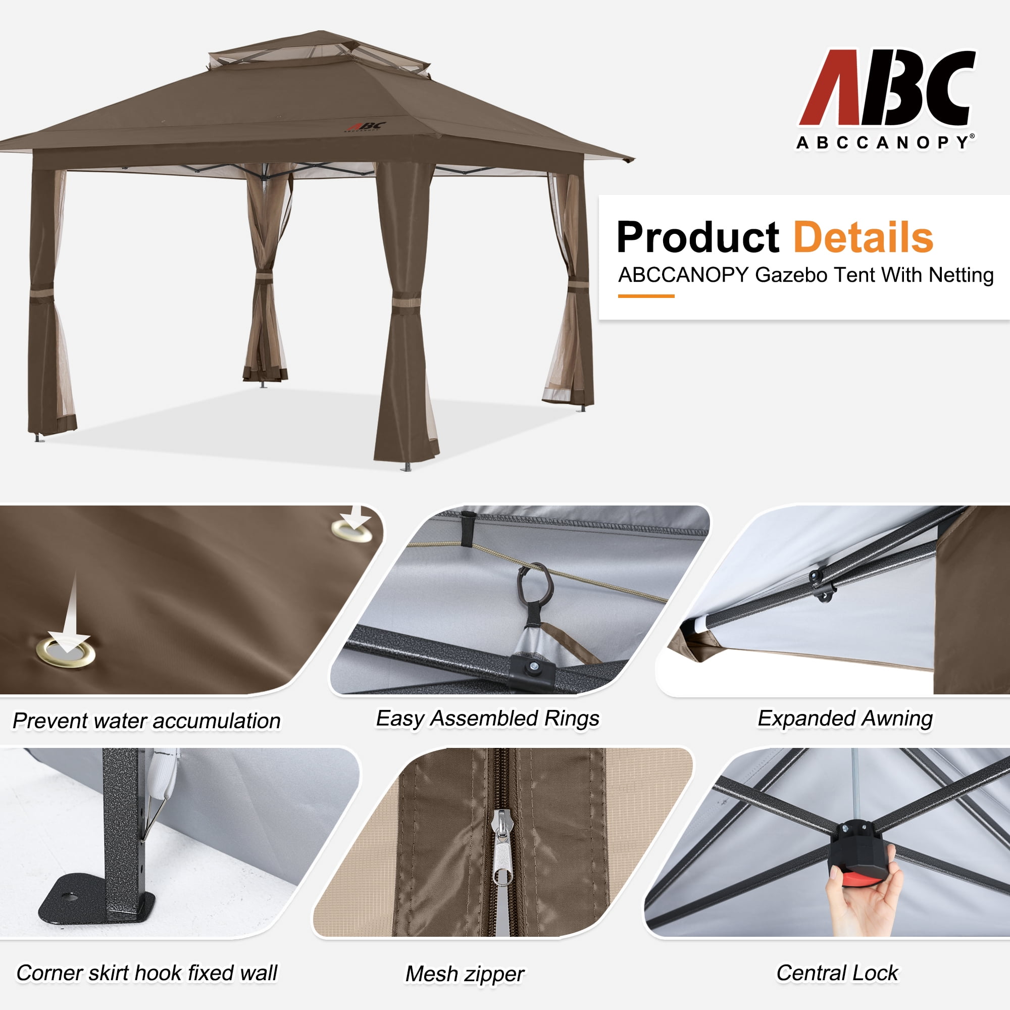 ABCCANOPY 13'x13' Gazebo Tent Outdoor Pop up Gazebo Canopy Shelter with Mosquito Netting, Brown - Image 9