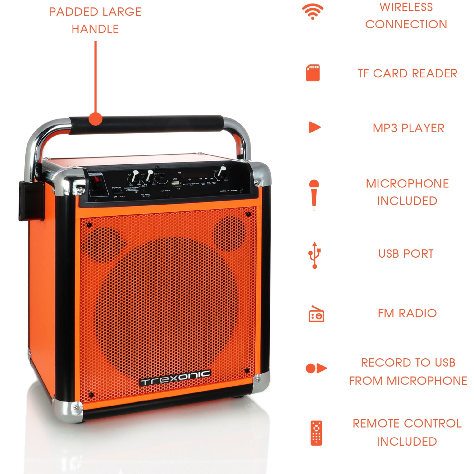 Trexonic Wireless Portable Party Speaker with USB Recording, FM Radio & Microphone, Orange - Image 3
