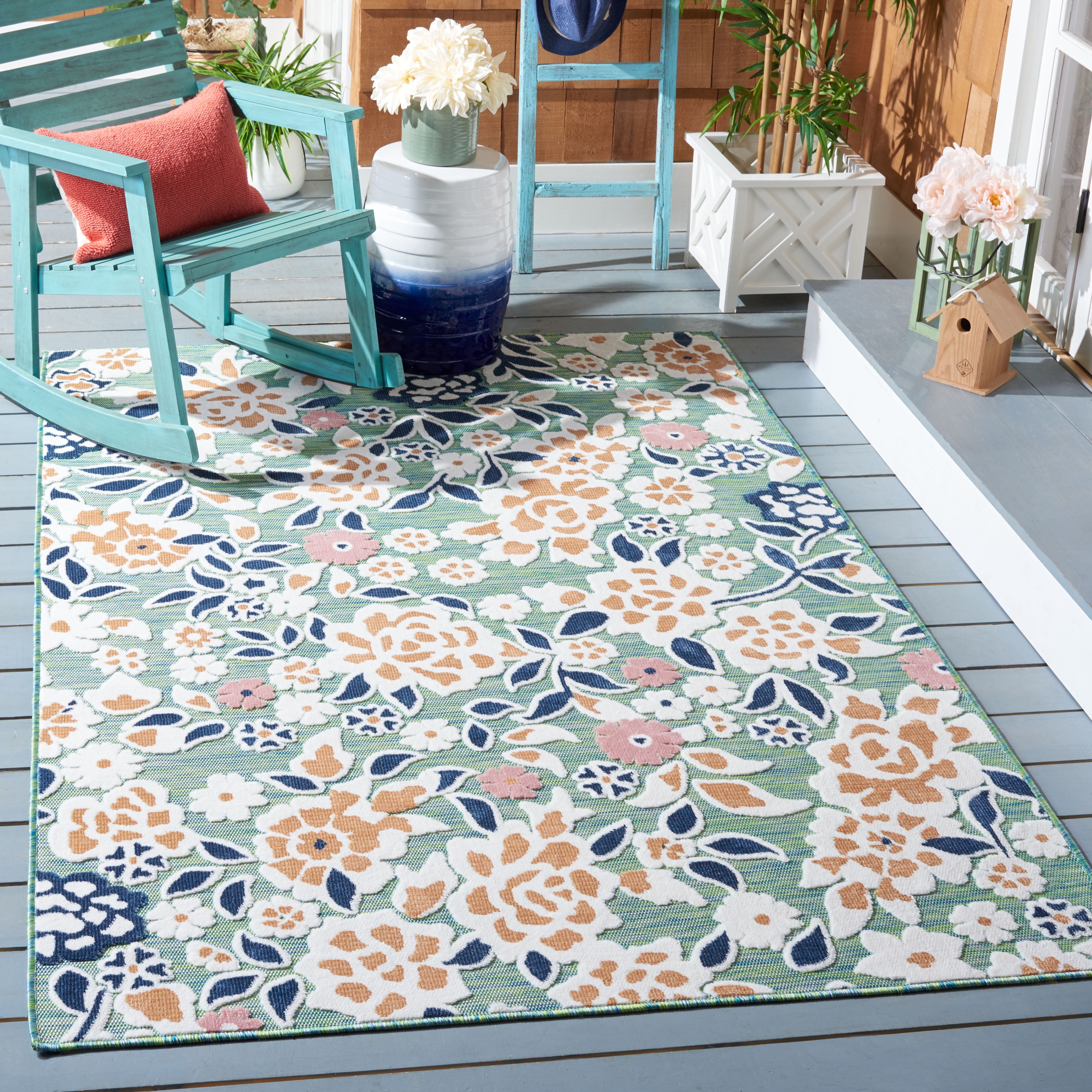 SAFAVIEH Cabana Tobias Floral Indoor/Outdoor Area Rug, Green/Navy, 5'1" x 7'6" - Image 4