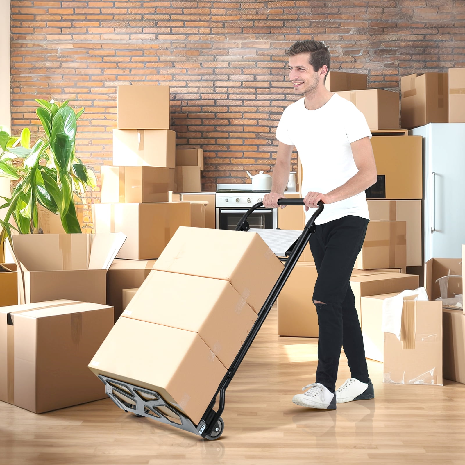 2 in 1 Step Ladder & Hand Truck,Aluminum 3 Step Stool,Folding Ladder with Anti-Slip Pedal,Heavy Duty Dolly Cart, Utility Platform Cart with Wheels - Image 4