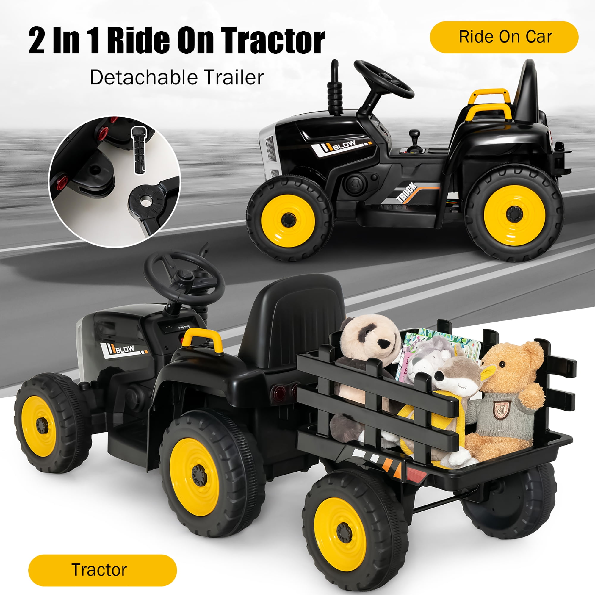 Costway 12V Kids Ride On Tractor with Trailer Ground Loader w/ RC & Lights Dark Black - Image 9