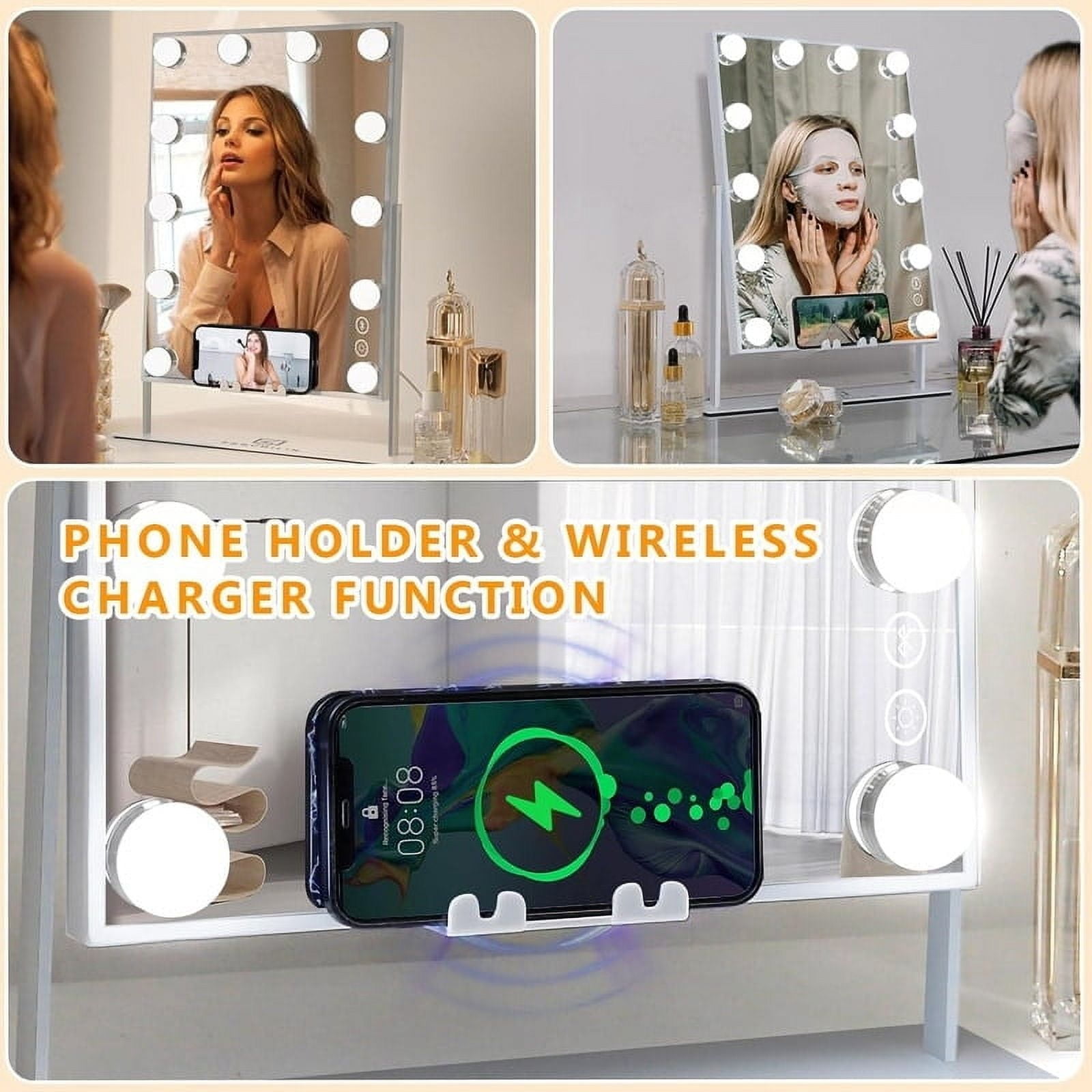 VANITII LLC VANITII Hollywood Vanity Makeup Mirror with 12 LED Bulbs Wireless Charging Bluetooth Metal White - Image 5