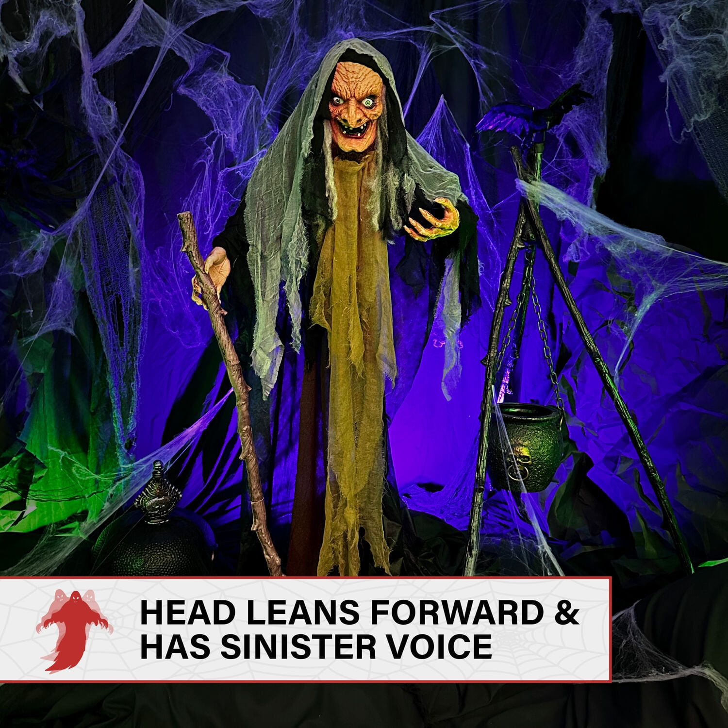 Haunted Hill Farm Life-Size 5.2 ft Poseable Witch with Lights and Sound, Indoor/Covered Outdoor Halloween Decoration, HHWITCH-13FLSA - Image 6