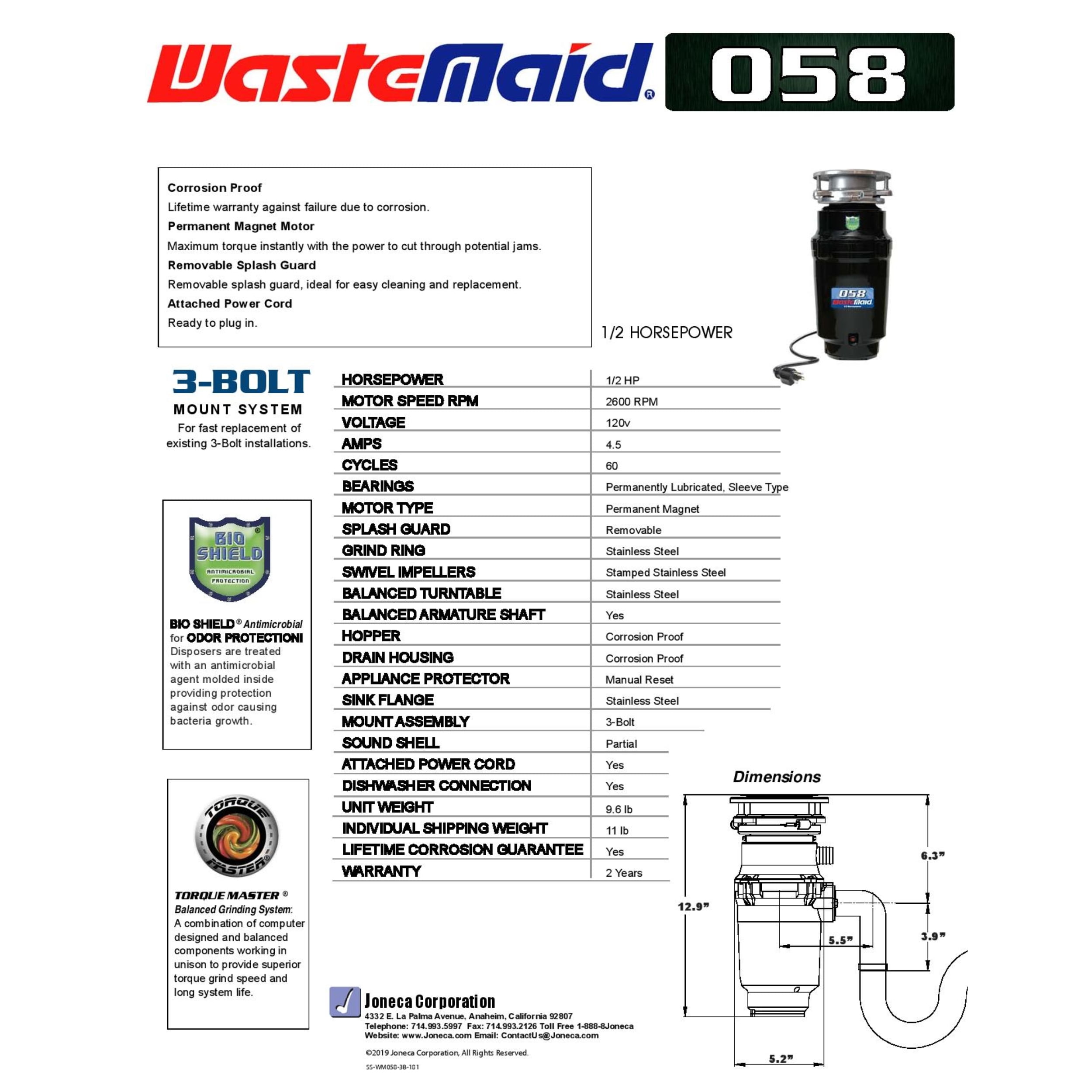 Waste Maid Economy 1/2 HP Continuous Feed Garbage Disposal with Attached Power Cord 10-US-WM-058-3B - Image 4