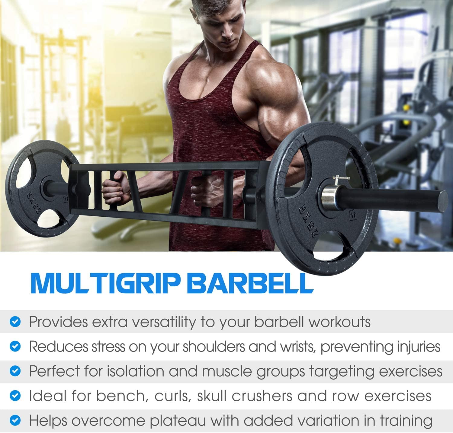 Yes4All Multi Grip Barbell & Cable Attachment - Swiss Bar, American Bar for Greater Range of Motion, with 2 Collars, Fits Olympic Weight Plates - Home Gym & Support Pressing, Lifting & Curls - Image 3