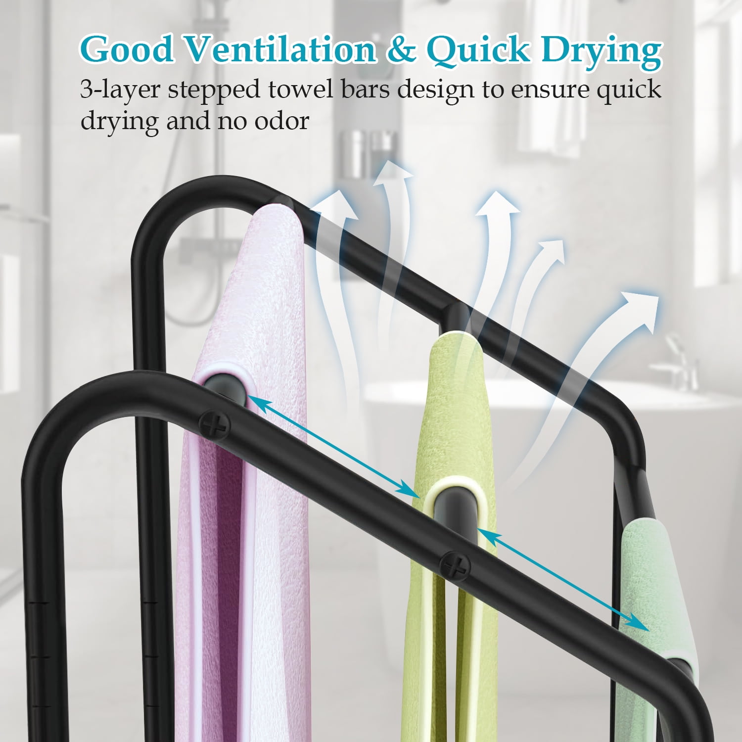 Untyo Metal 3 Tiers Free-Standing Towel Rack, Adjustable Bathroom Storage Organizer Shelf, Bath Towel Standing Shelf for Swimming Pool, Black - Image 4