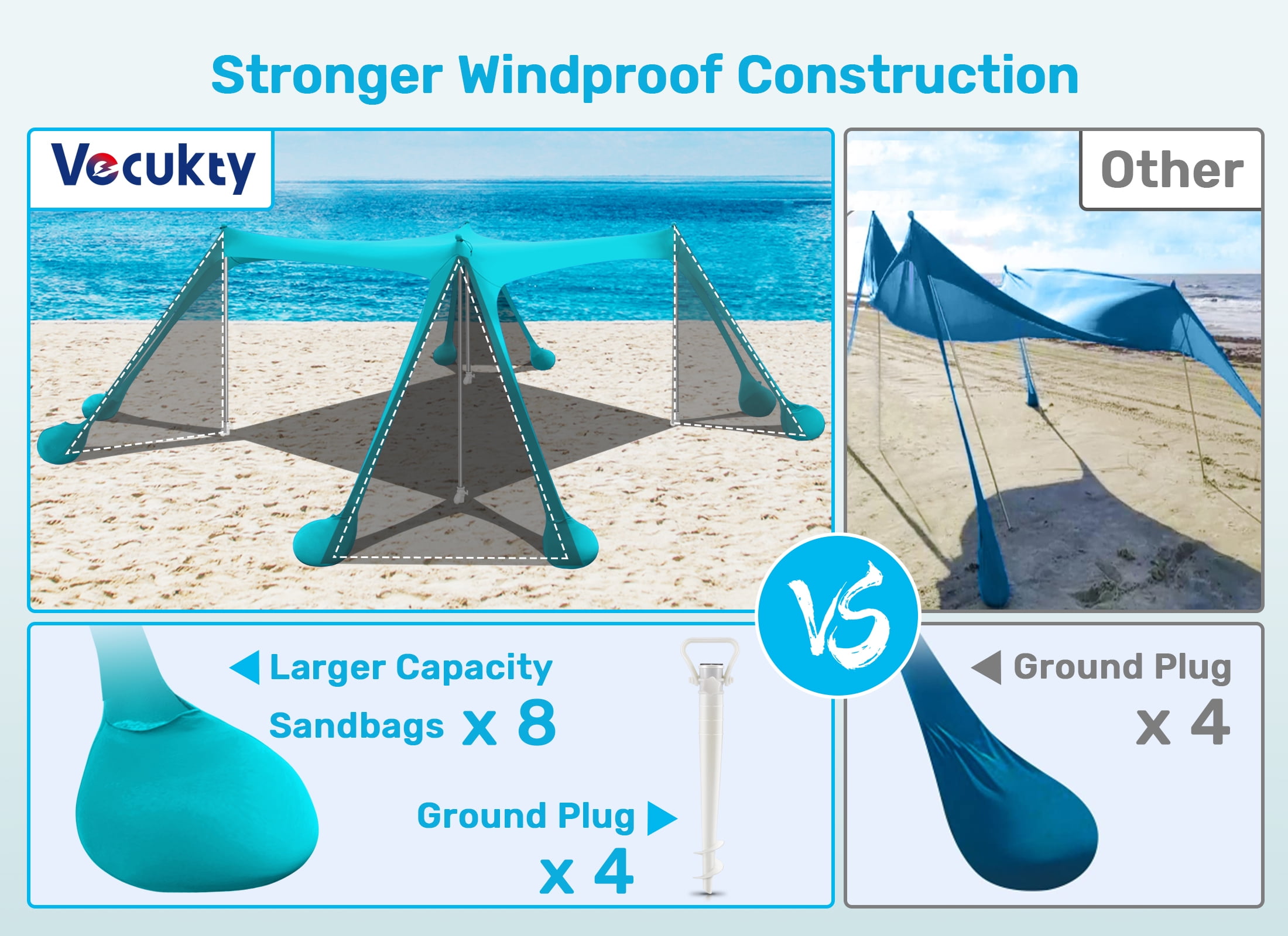 VECUKTY Beach Tent Sun Shelter 10 x 10FT with 8 Sandbags, UPF 50+ Protection Beach Shade Canopy, Outdoor Pop Up Shade Tent Turquoise - Image 11