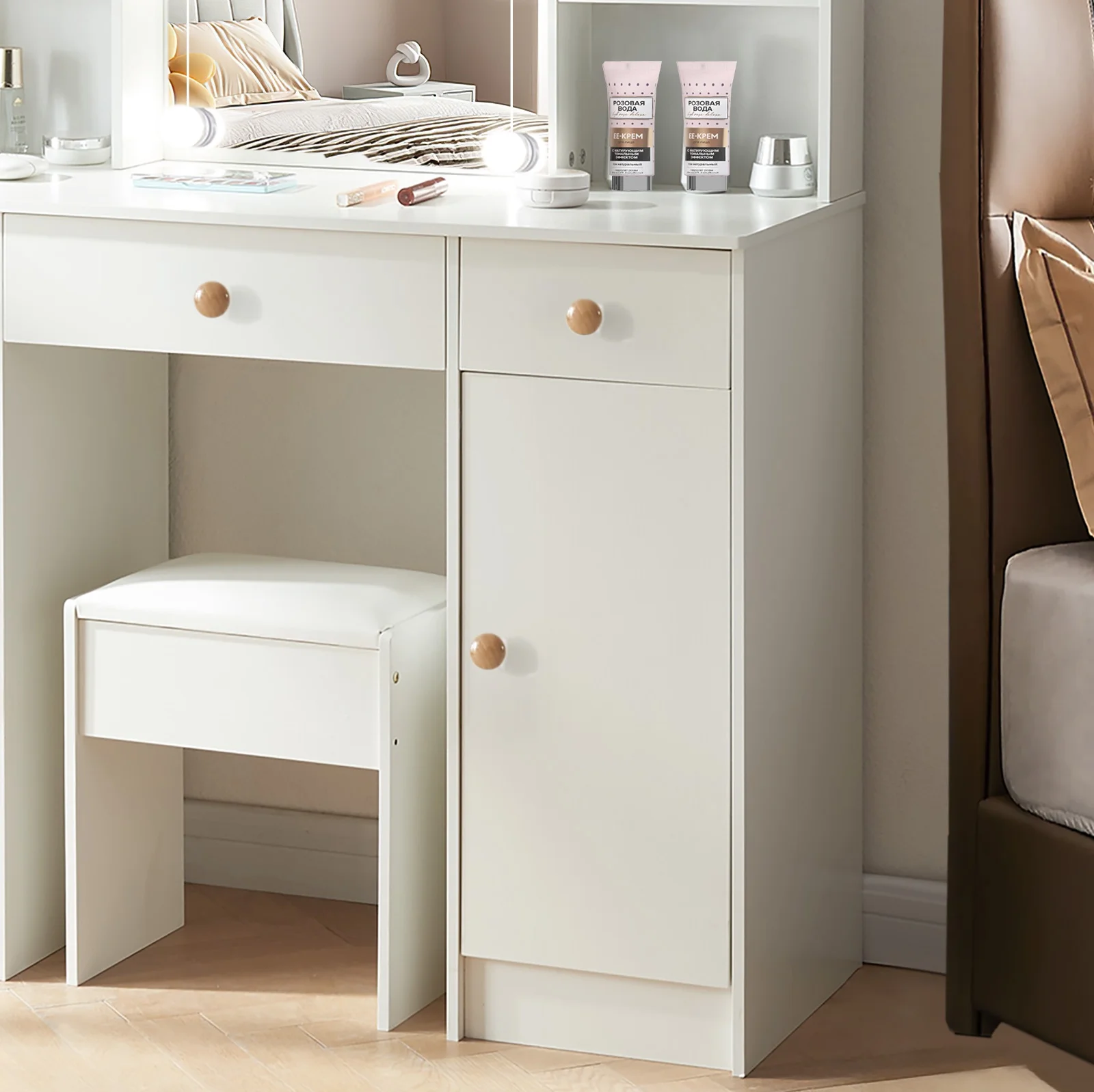 Yamissi Large Vanity Set with Stool, Sliding Mirror & 10 LED Lights, Makeup Dressing Table with 3 Drawers and Cabinets for Bedroom, White - Image 7