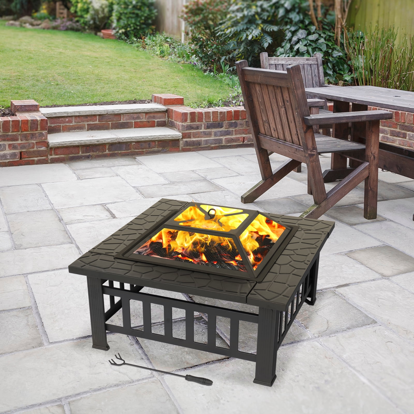 Zimtown Wooden 32" Metal Fire Pit Patio Garden Square - Image 8