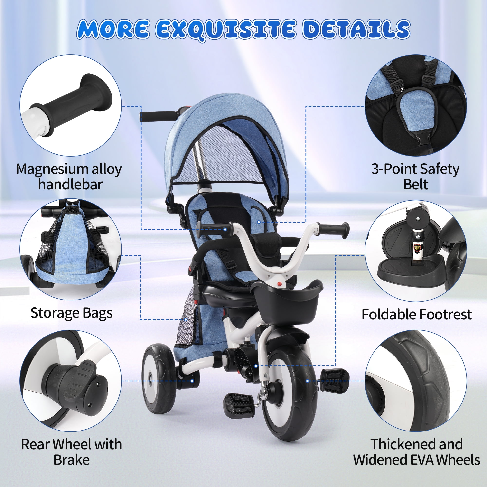 4-in-1 Foldable Baby Tricycle w/Adjust Handle, Canopy & Storage,18M-5Y Blue - Image 5