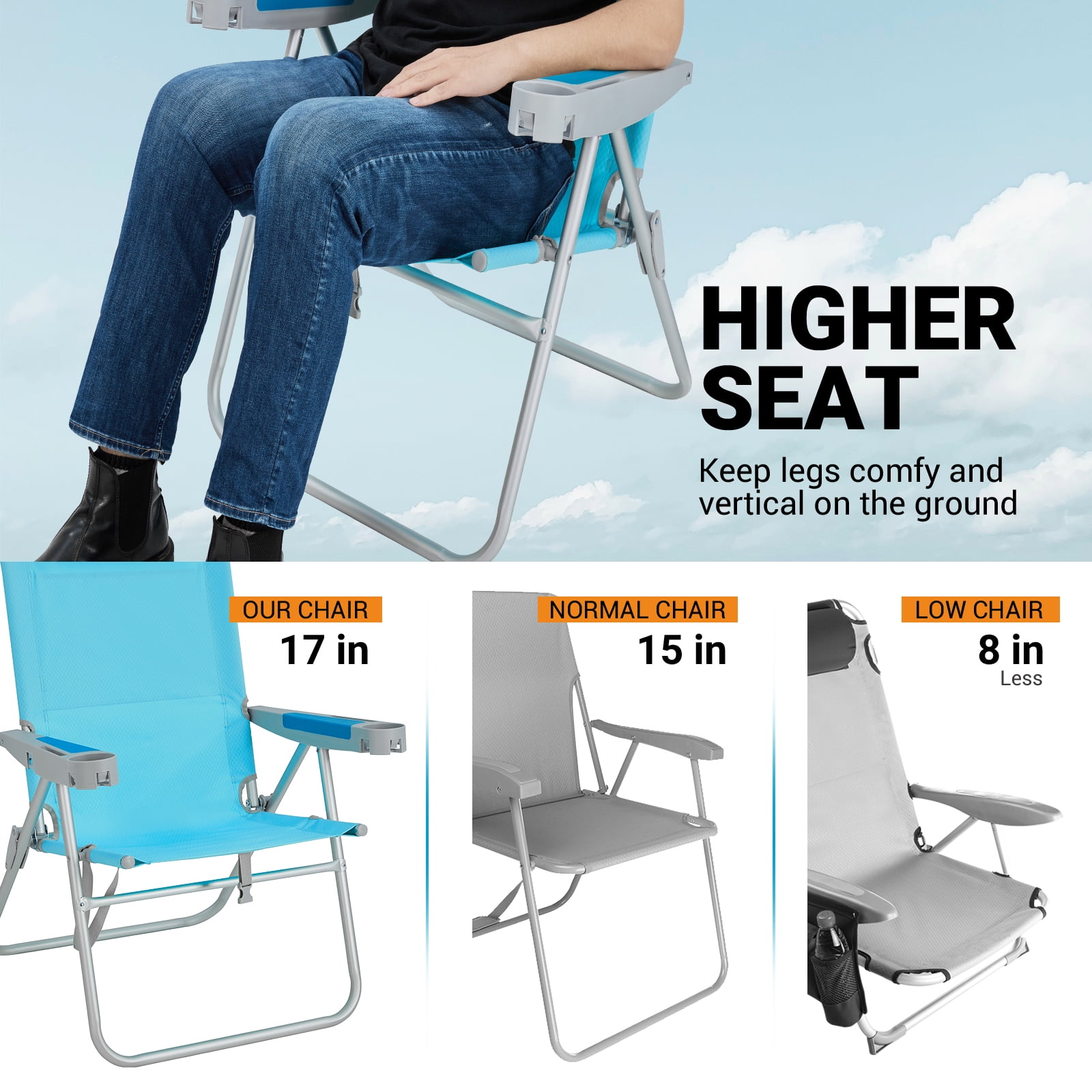 #WEJOY High Backpack Beach Chair, Portable 5-Position Reclining Lawn Chairs, Folding Chair with Phone Holder & Head Pillow, Supports up to 300 lbs for Outdoor, Camping - Image 7