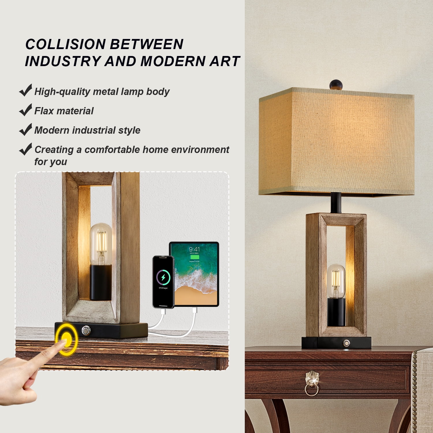 Yokila 3 Way Dimmable Touch Table Lamp Set of 2 with USB Ports for Living Room Bedroom 25" Retro Resin Bedside Nightstands Lamps(4 Bulbs Included) - Image 10