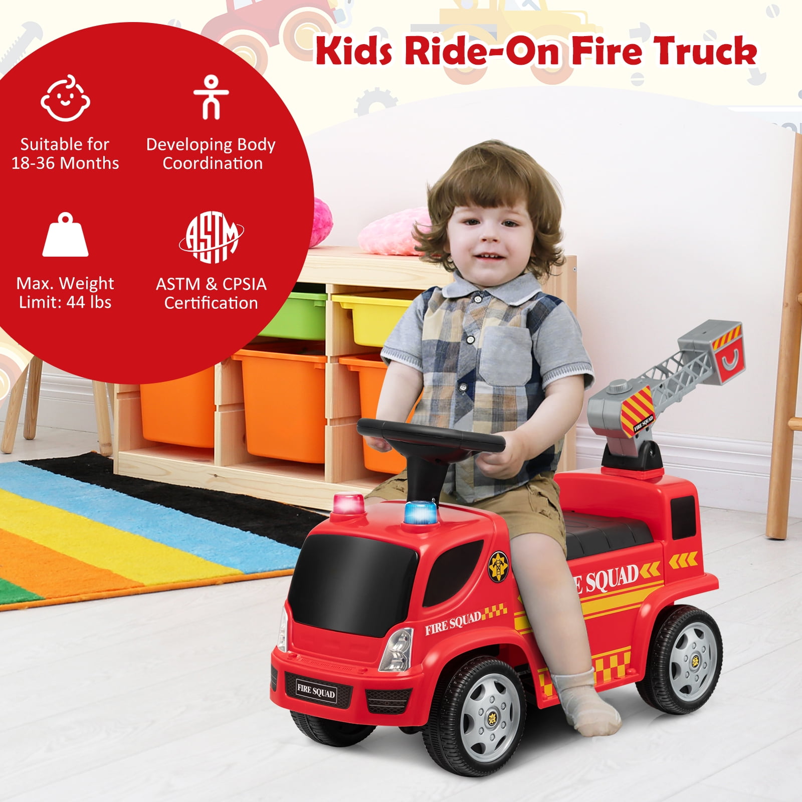 Costway Kids Ride On Fire Truck Foot-to-Floor Sliding Push Car w/ Music & Bubble Maker - Image 5